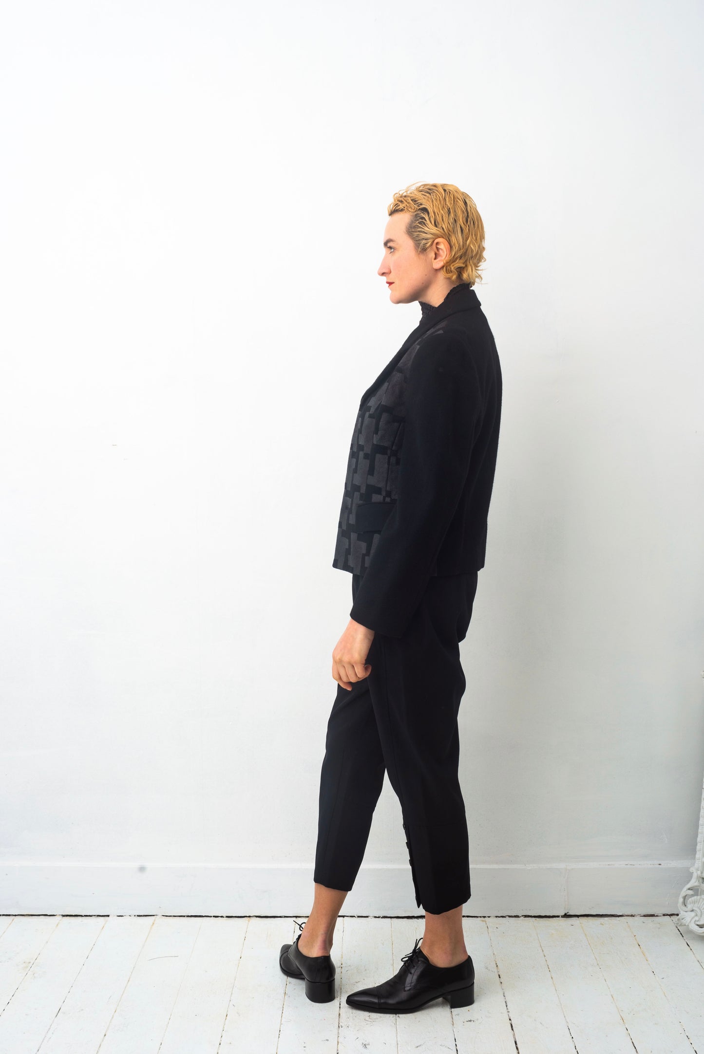Comme des Garçons AD 1991 black wool jacket with graphic wax print