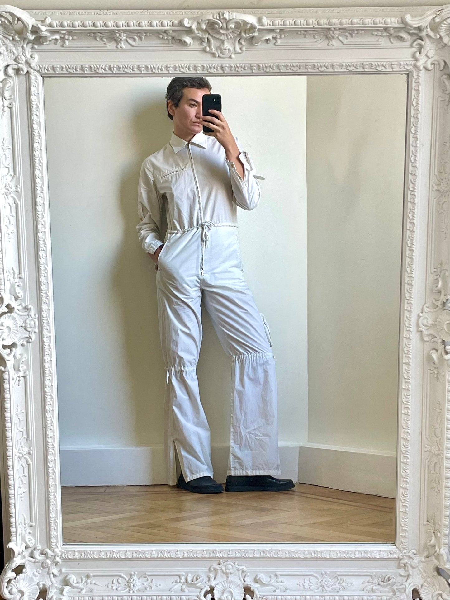 Krizia 90s white cotton workwear inspired jumpsuit