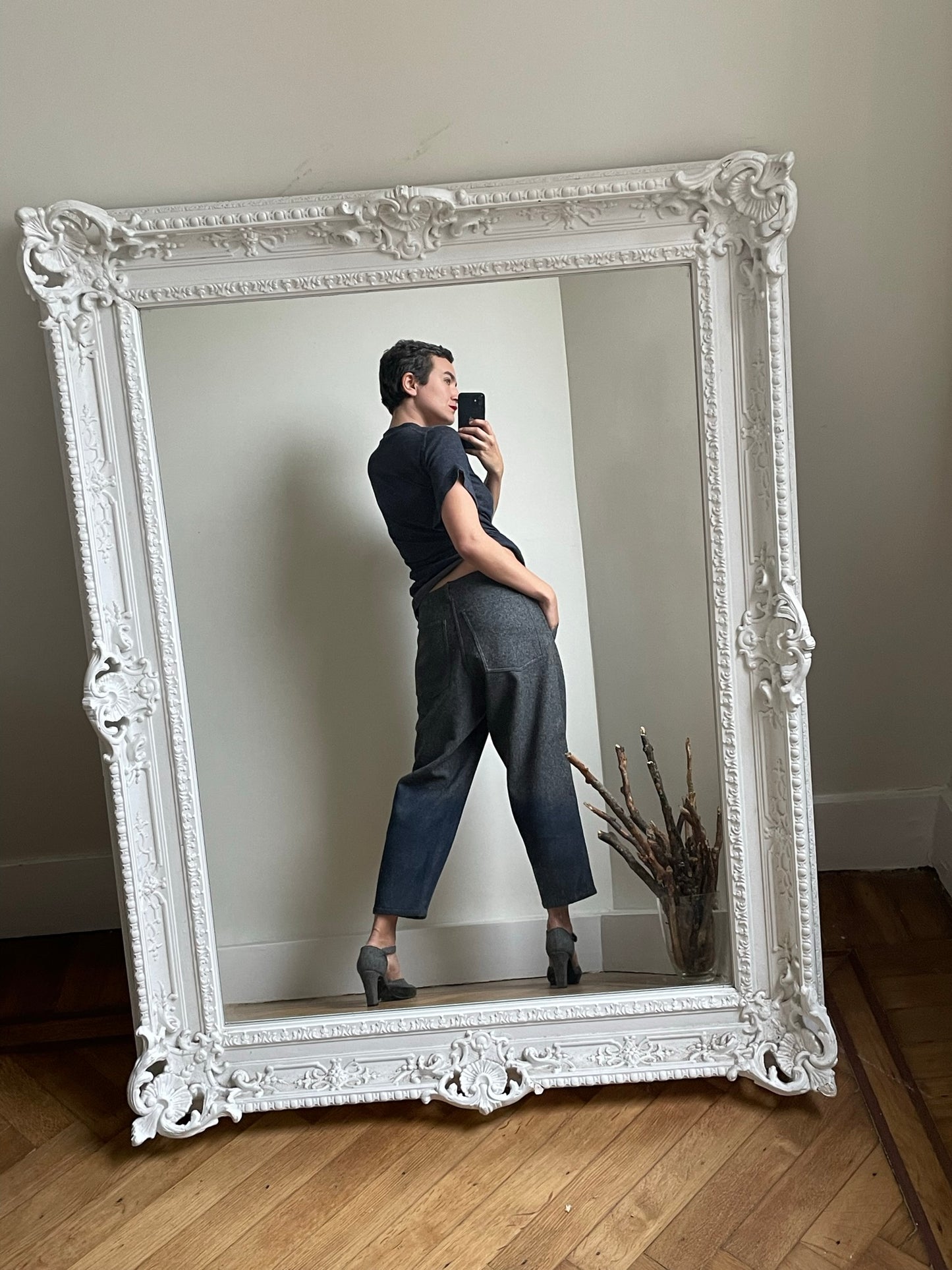 Comme des Garçons 2000's grey wool trousers with waxed blue coated ombre effect