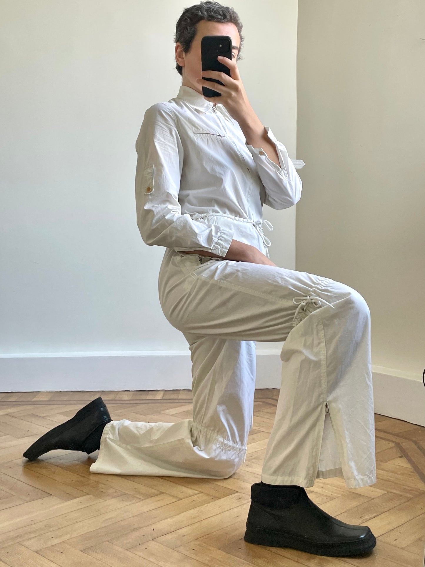 Krizia 90s white cotton workwear inspired jumpsuit