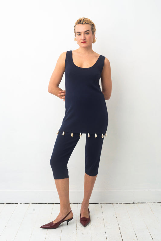Angelo Tarlazzi 90’s dark blue cotton knit short set with pearls