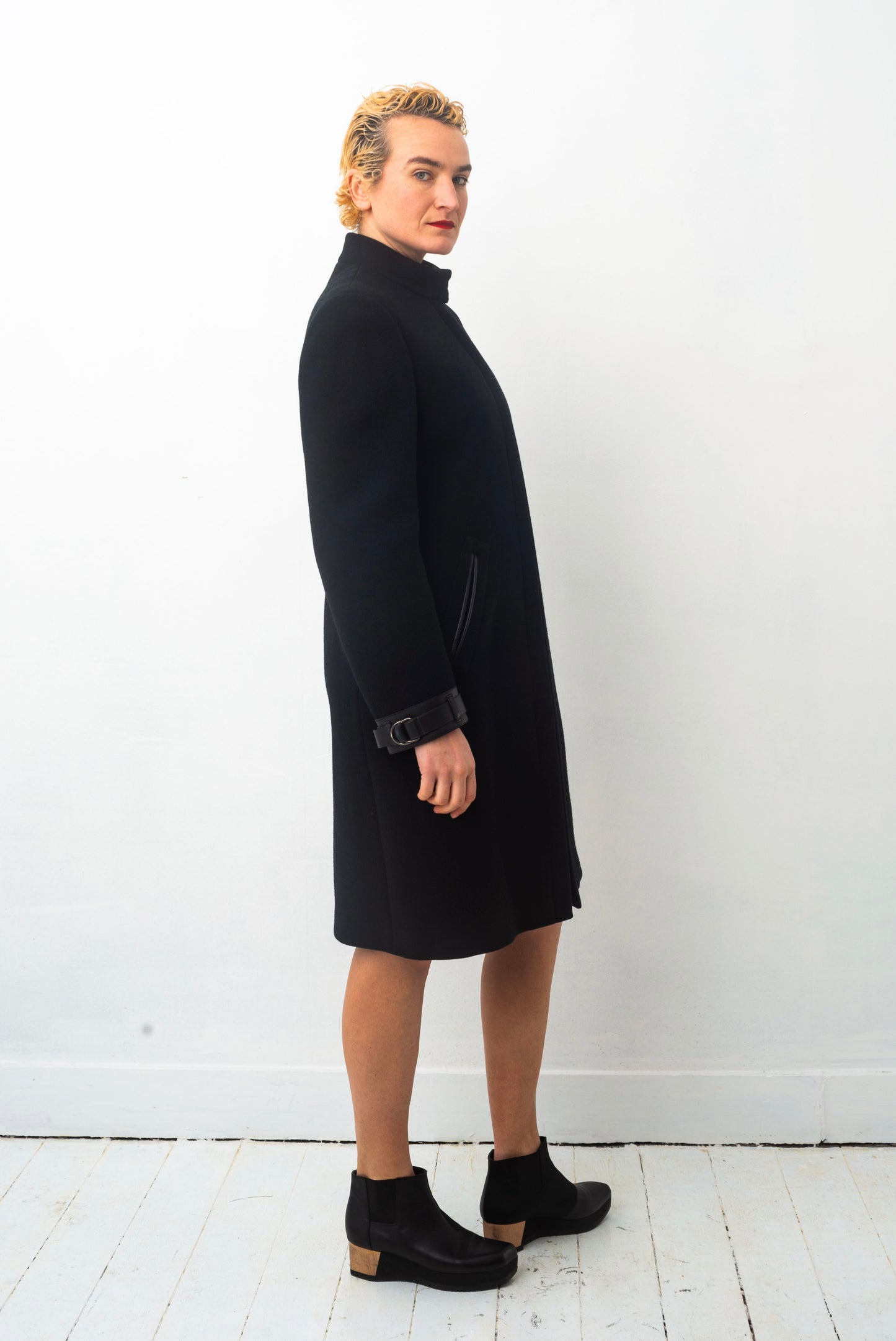 Prada FW 1999 black wool coat with leather details