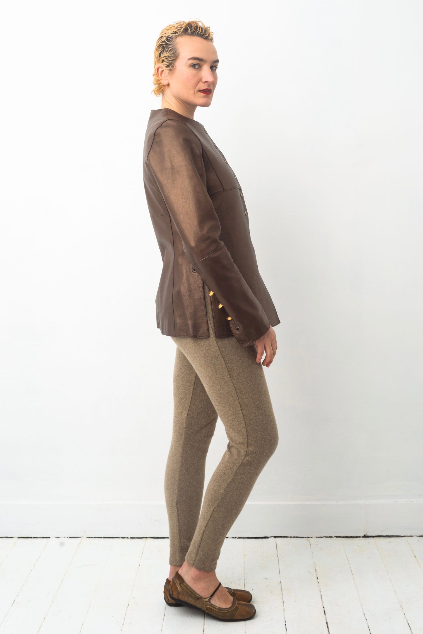 Gianfranco Ferre 80´s bronze leather jacket with golden pierced rings