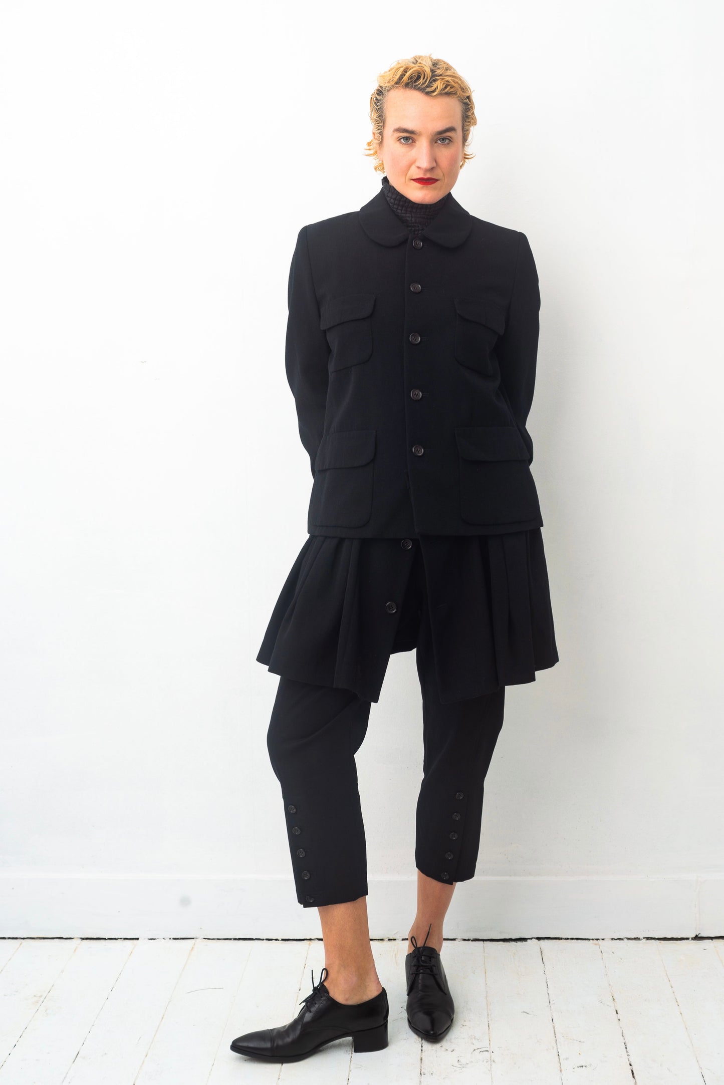 Comme des Garçons AD 1995 black wool coat with attached skirt
