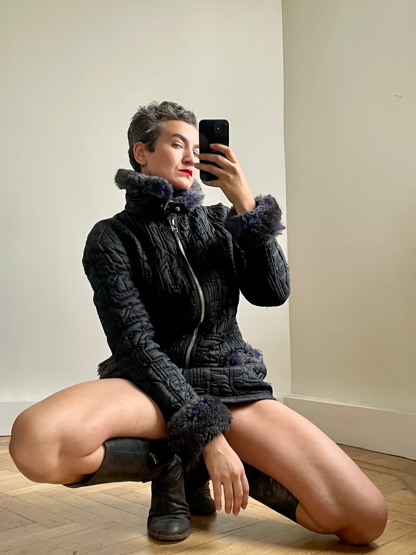 Jean Paul Gaultier FW 1995 faux fur nylon coat with circuit board stitching