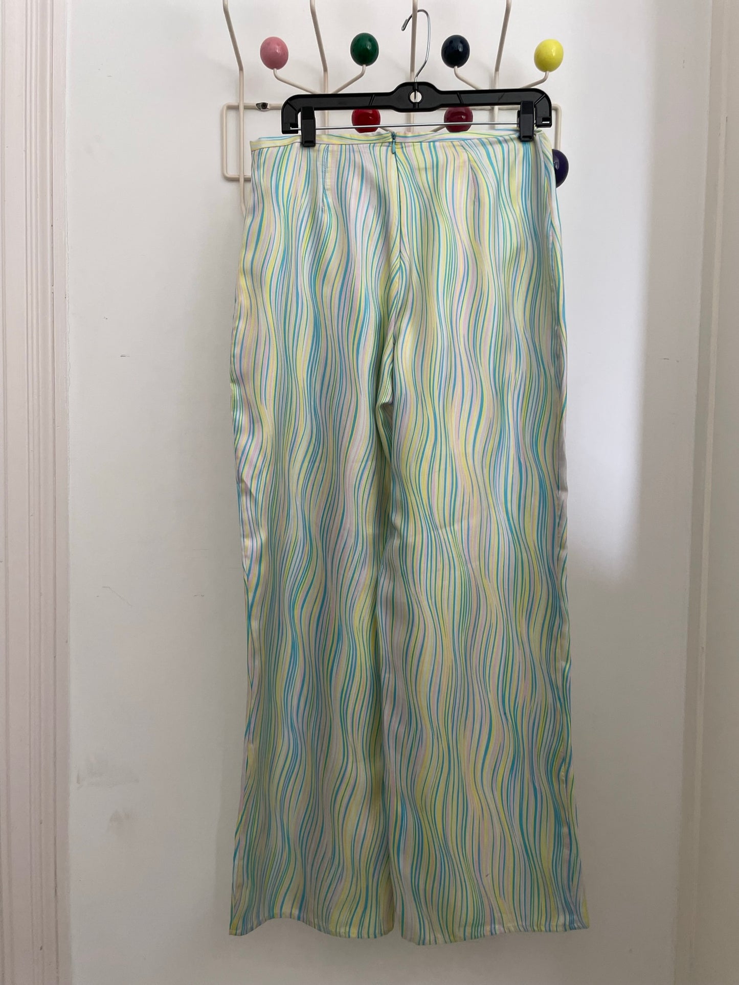 Missoni 2000's silk white palazzo pants with wavy blue, green & yellow lines