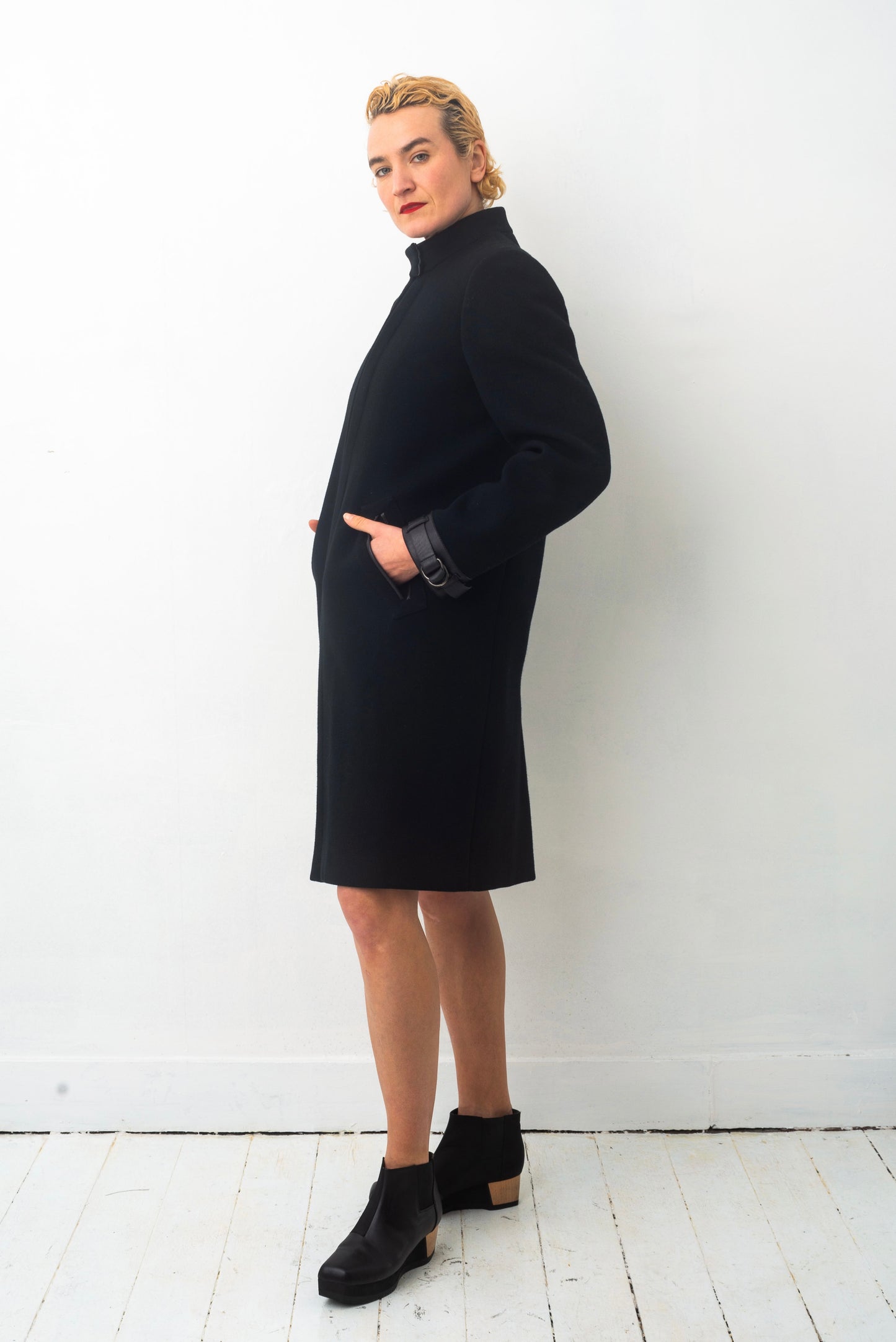 Prada FW 1999 black wool coat with leather details