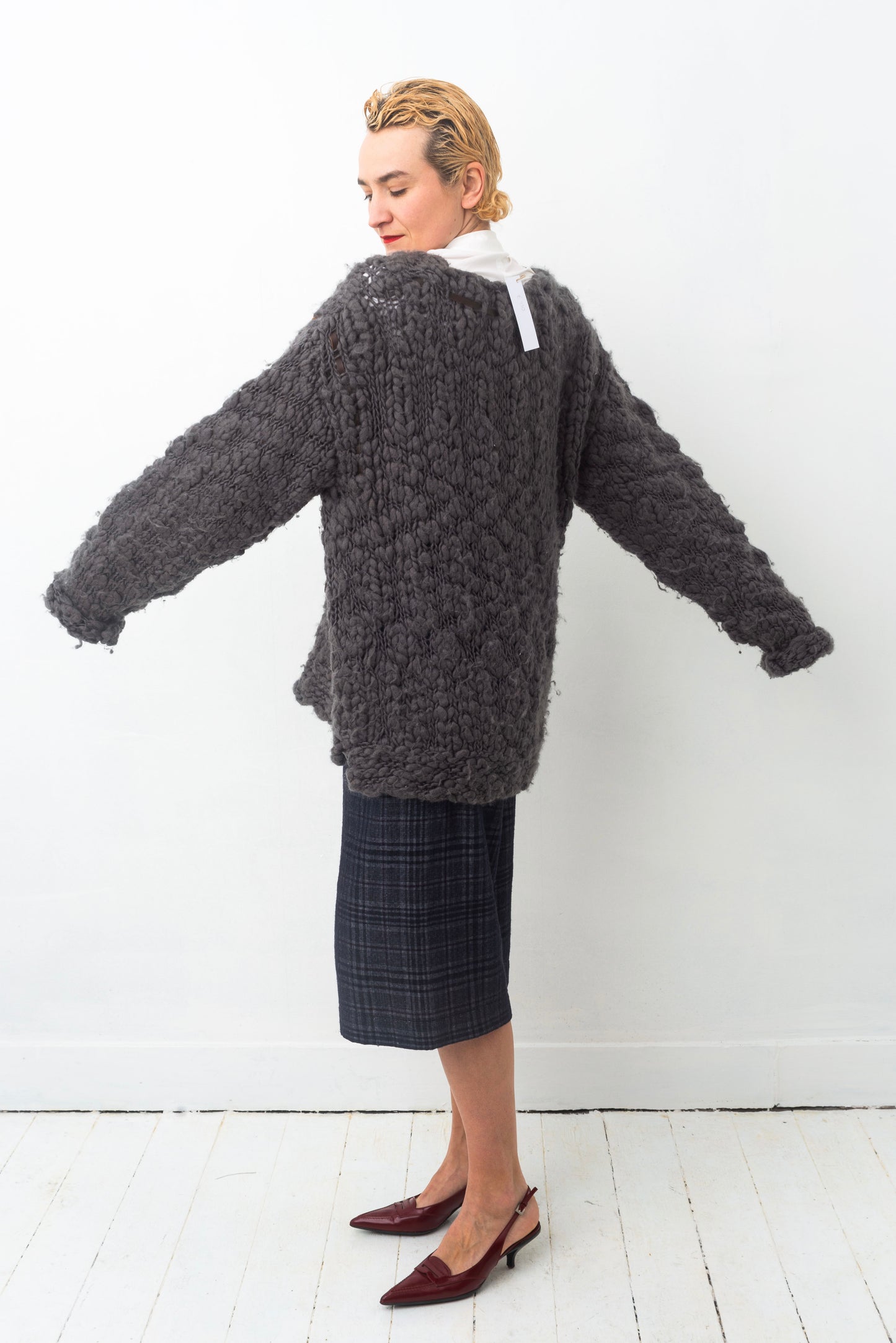 Issey Miyake FW 1994 Men’s chunky knit grey sweater with leather string detail