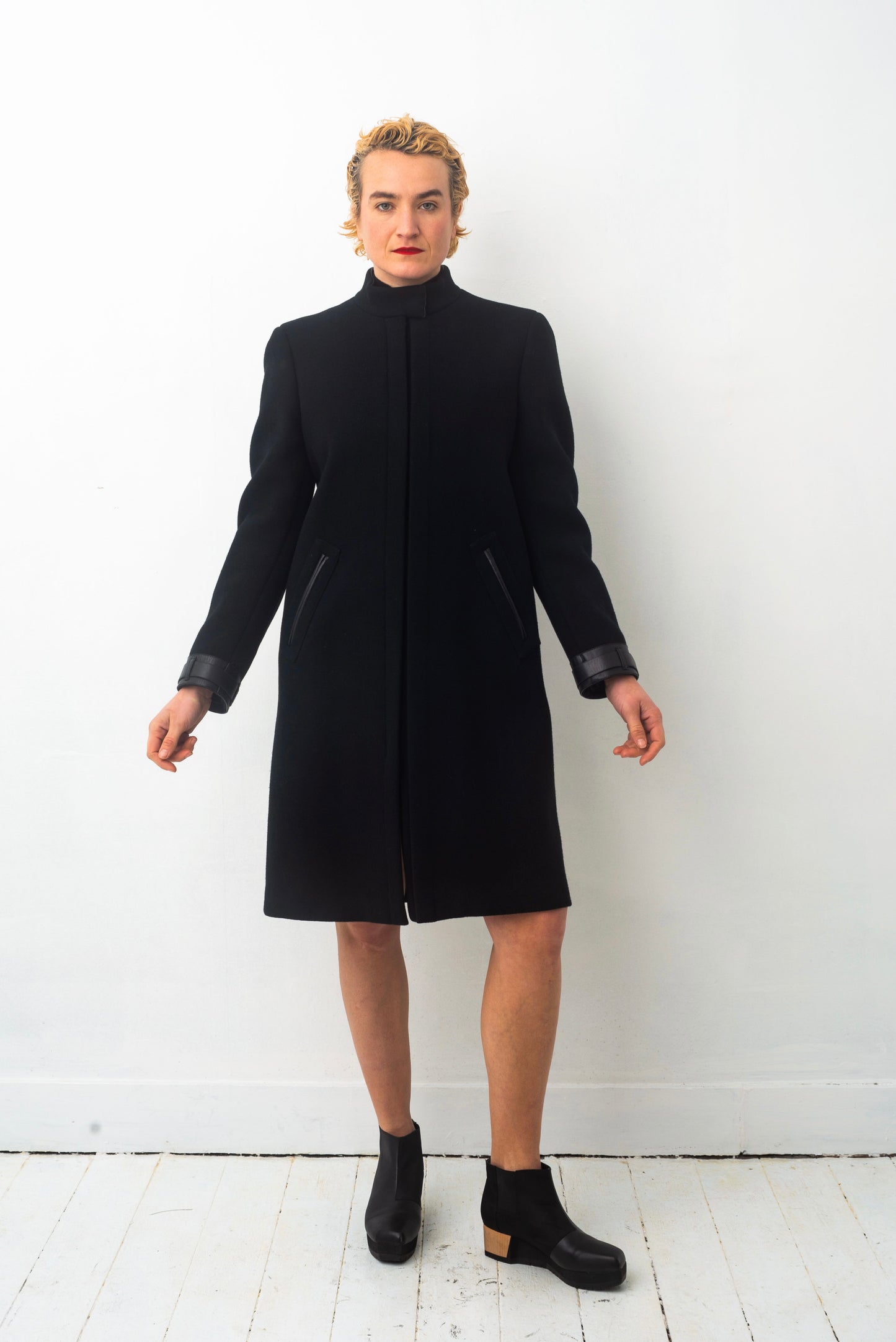 Prada FW 1999 black wool coat with leather details