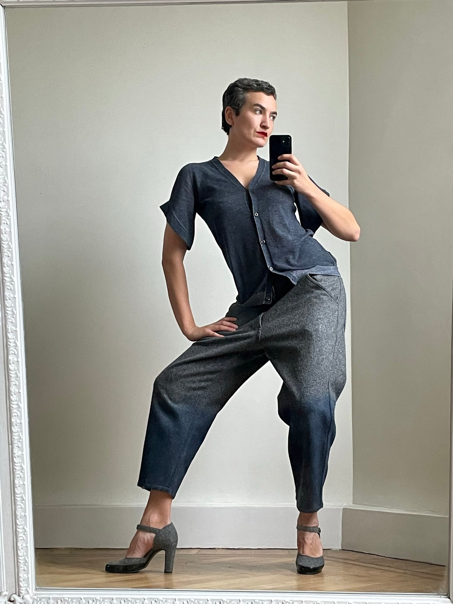 Comme des Garçons 2000's grey wool trousers with waxed blue coated ombre effect