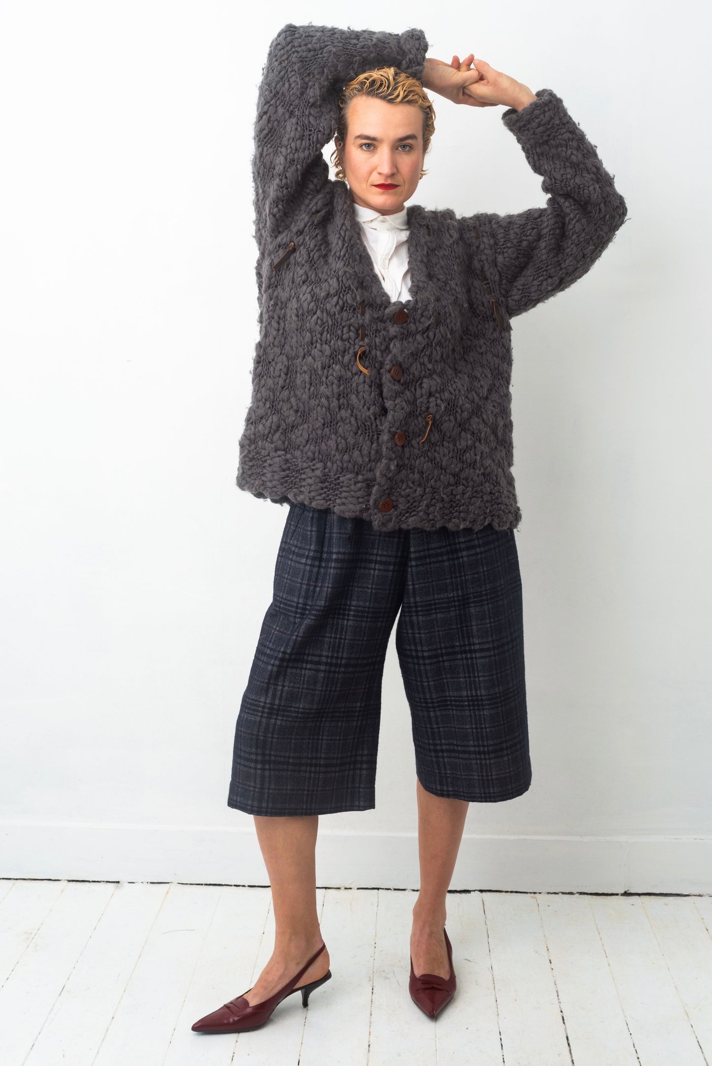 Issey Miyake FW 1994 Men’s chunky knit grey sweater with leather string detail
