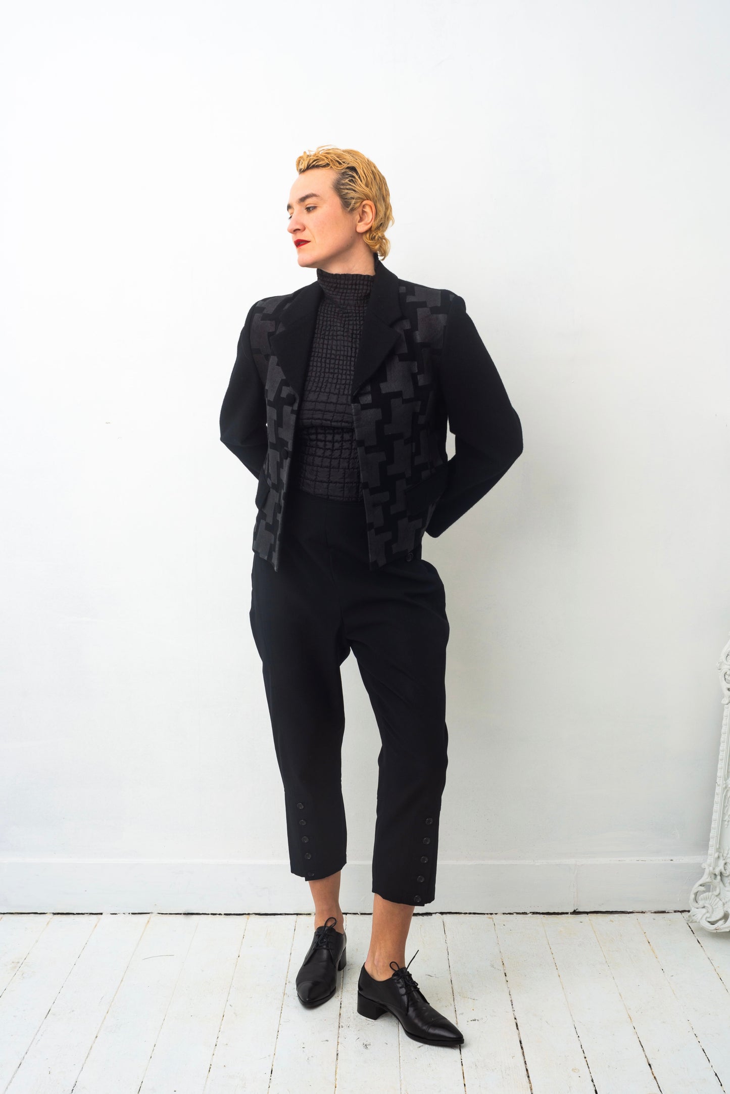 Comme des Garçons AD 1991 black wool jacket with graphic wax print