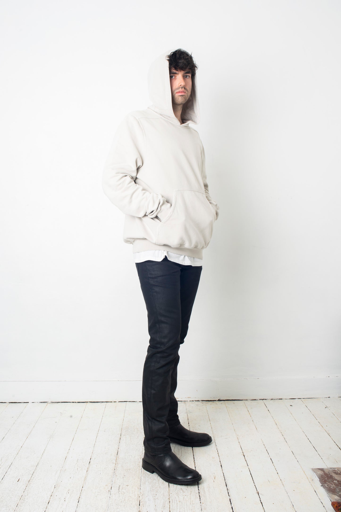 Rick Owens white / grey hoodie with reversed drawstring