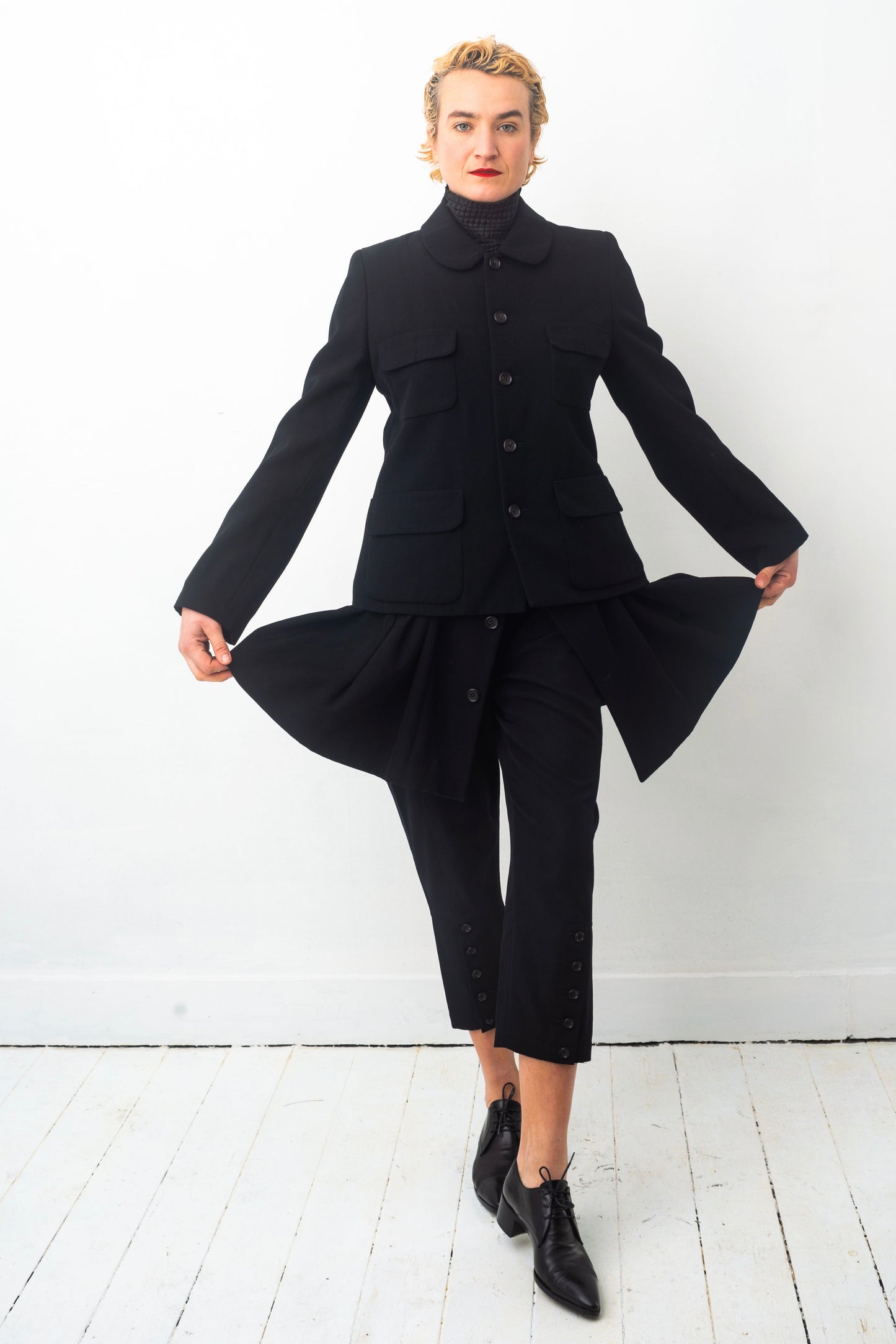 Comme des Garçons AD 1995 black wool coat with attached skirt
