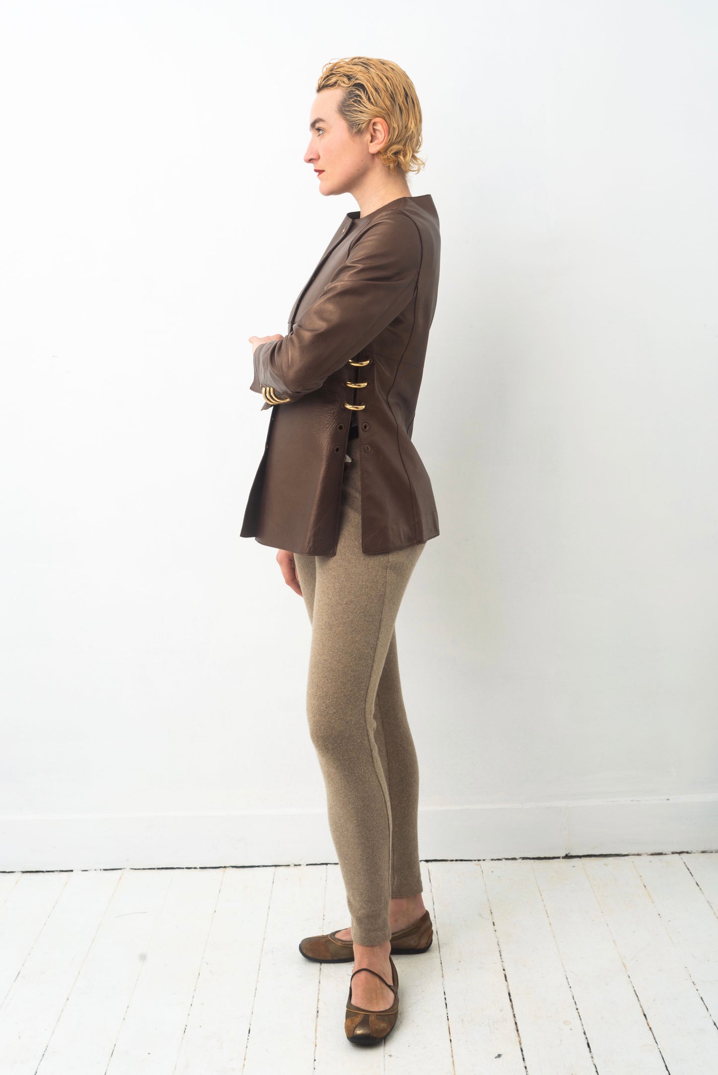 Gianfranco Ferre 80´s bronze leather jacket with golden pierced rings