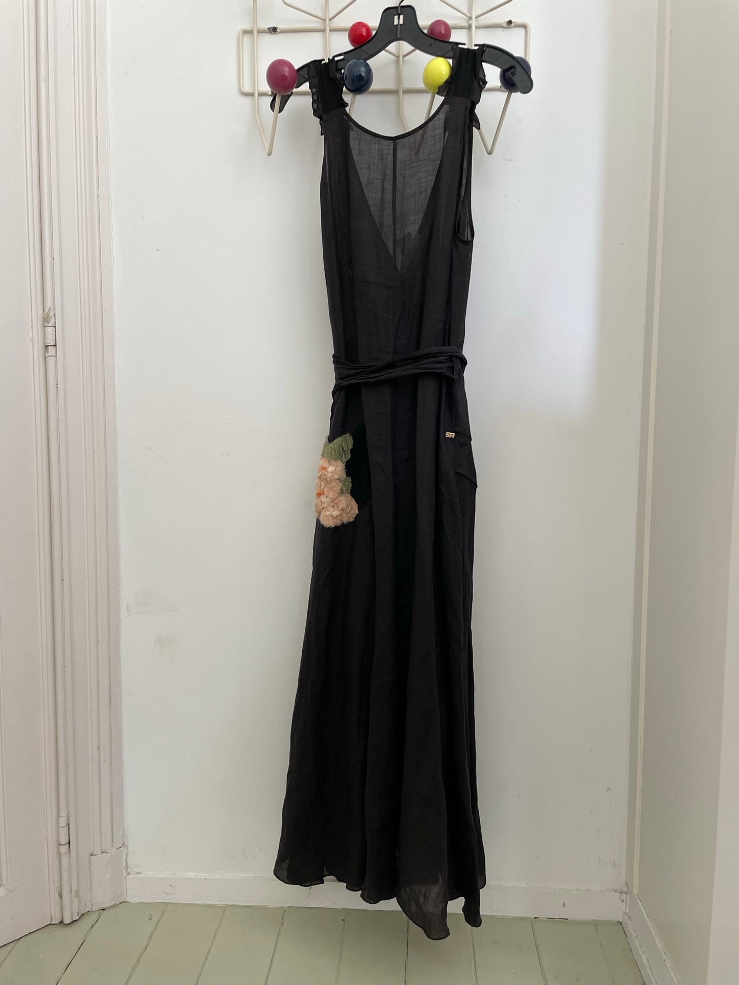 Sonia Rykiel 2000's black linen wrap dress with embroidered flower