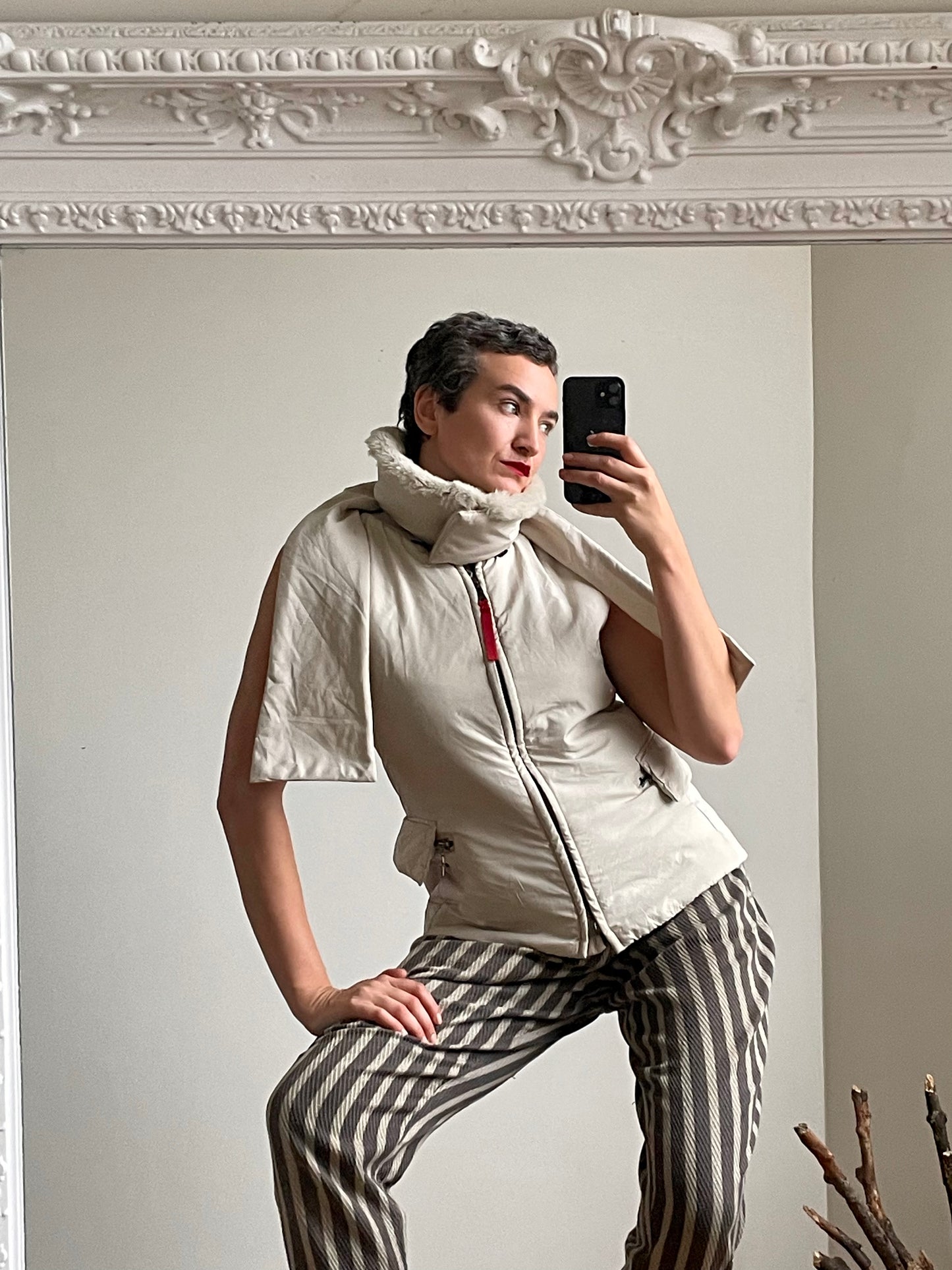 Prada 2000’s off-white nylon bodywarmer with removable fur collar and scarf