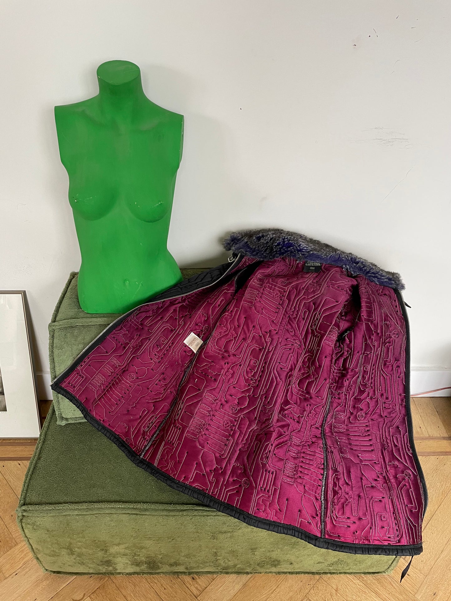 Jean Paul Gaultier FW 1995 faux fur nylon coat with circuit board stitching