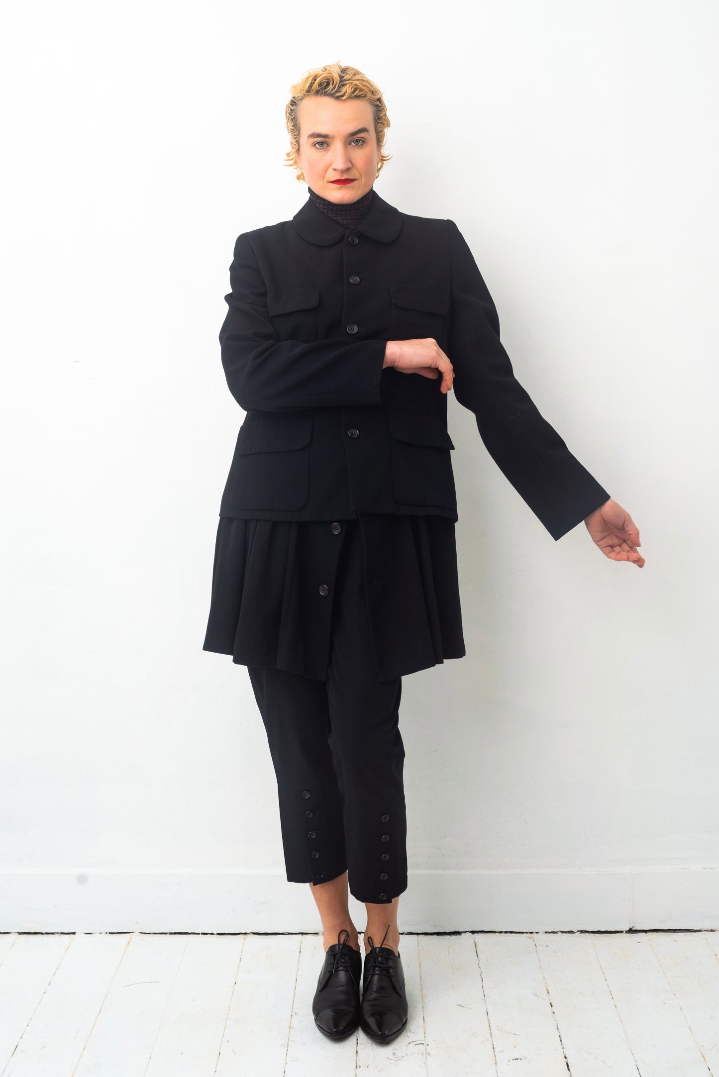 Comme des Garçons AD 1995 black wool coat with attached skirt