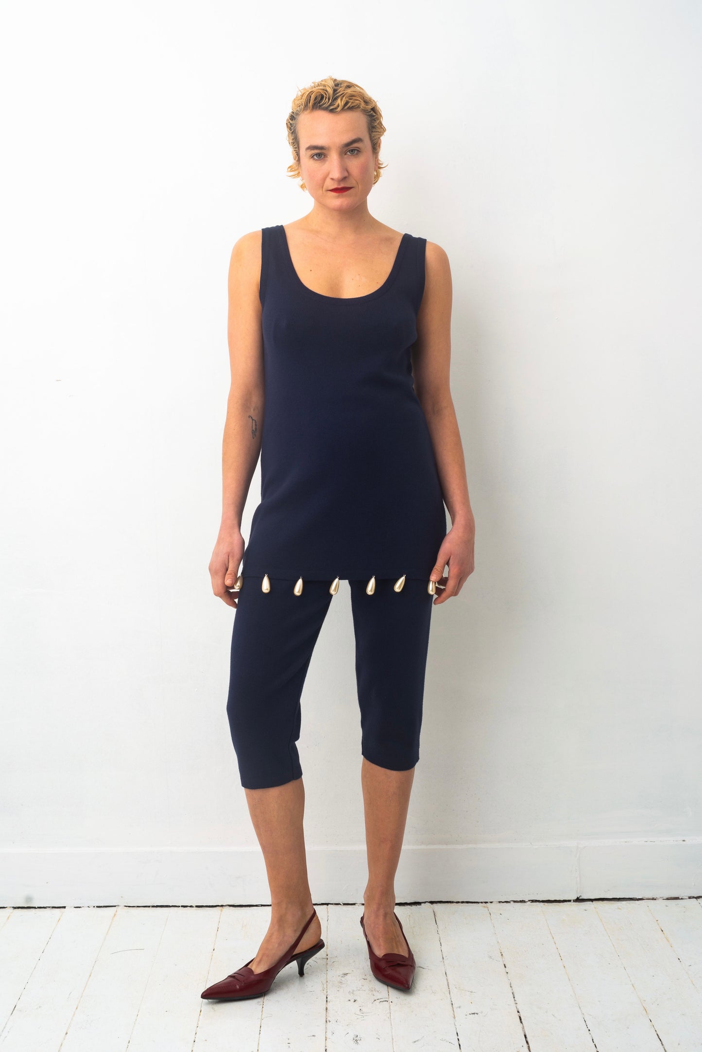 Angelo Tarlazzi 90’s dark blue cotton knit short set with pearls