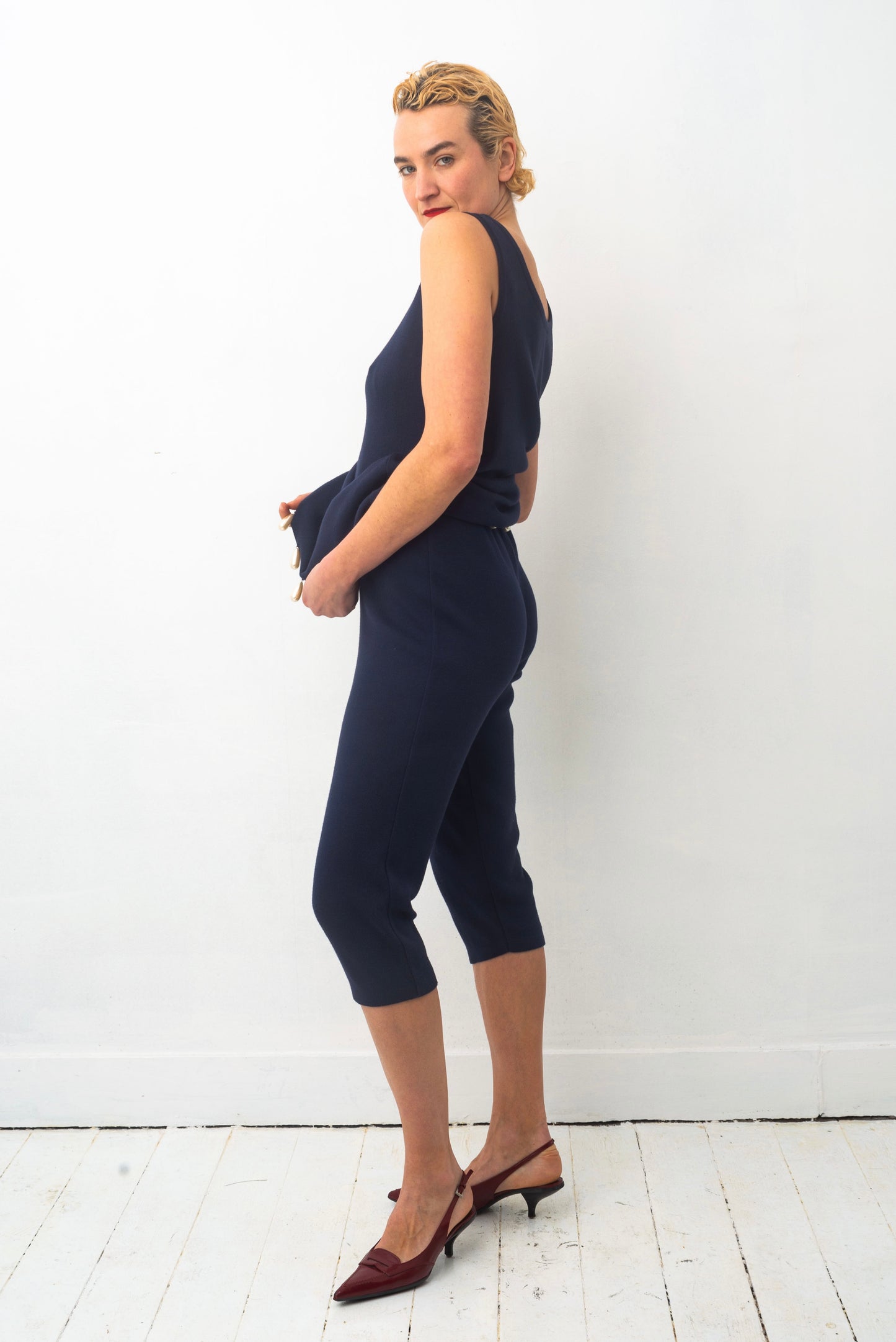 Angelo Tarlazzi 90’s dark blue cotton knit short set with pearls