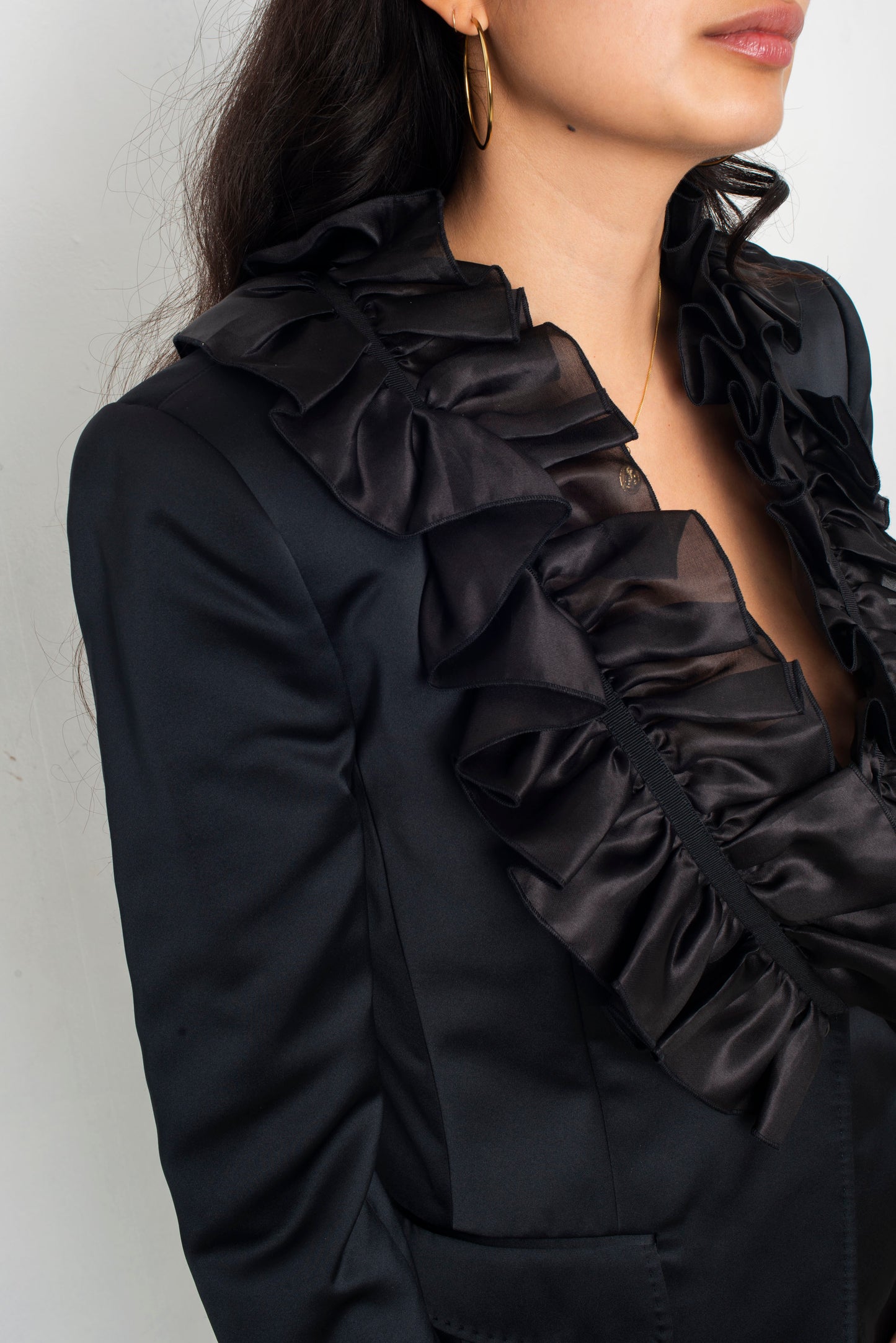 D&G black silk smoking blazer with ruffled collar