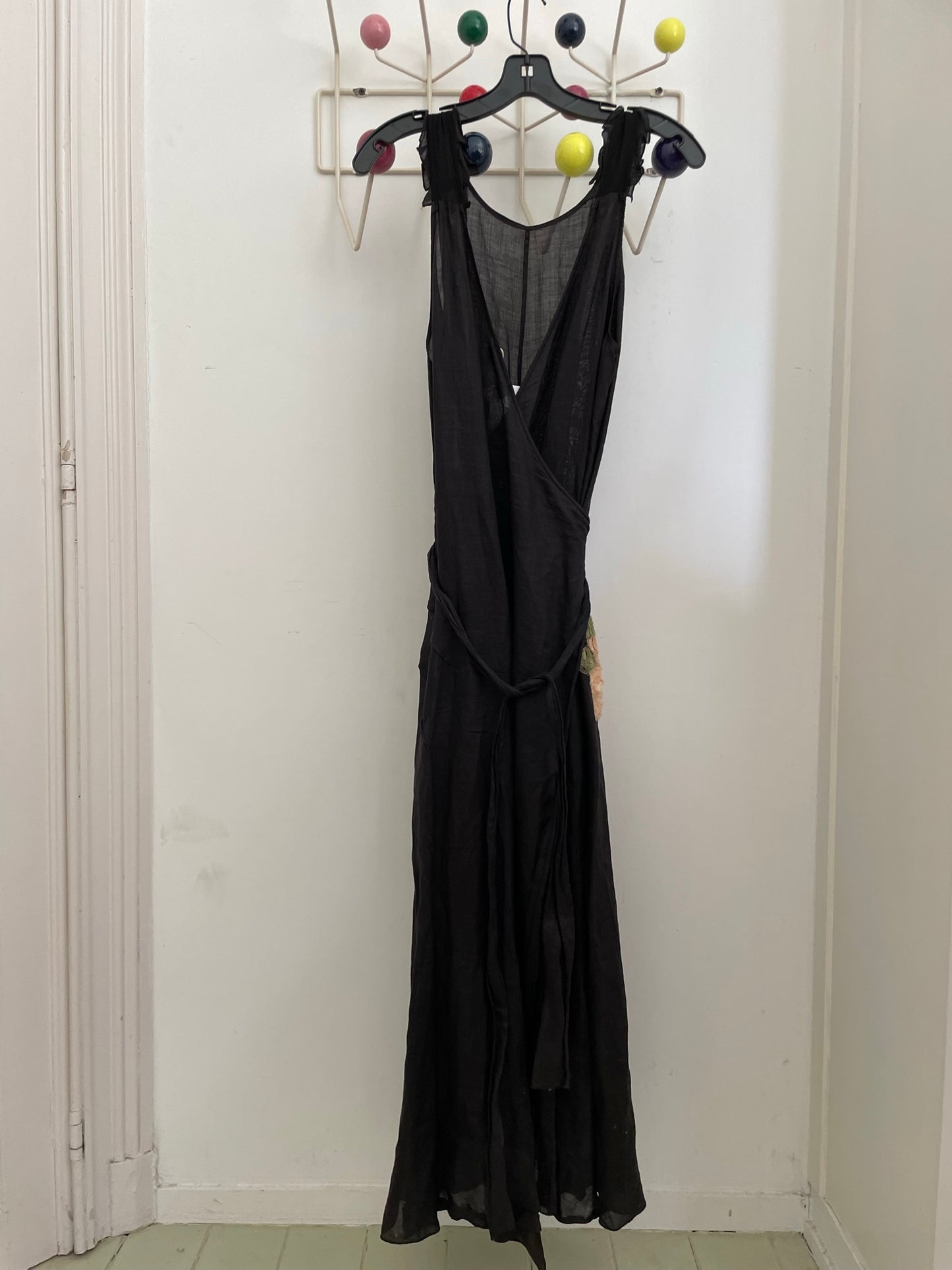 Sonia Rykiel 2000's black linen wrap dress with embroidered flower