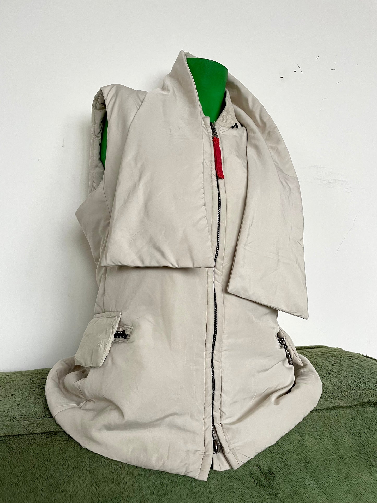 Prada 2000’s off-white nylon bodywarmer with removable fur collar and scarf