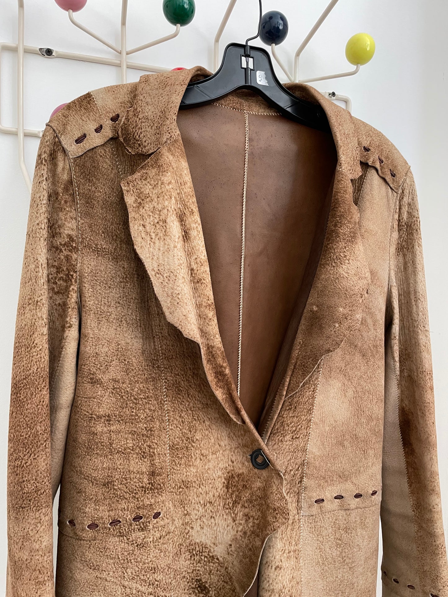 Sylvie Schimmel early 2000's leather patchwork roughly cut brown jacket