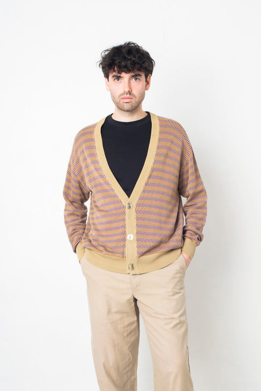 Giorgio Armani 90s zig zag knit beige & purple cotton cardigan