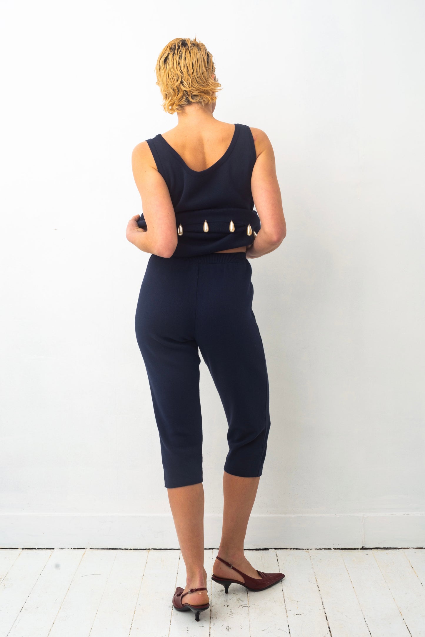 Angelo Tarlazzi 90’s dark blue cotton knit short set with pearls