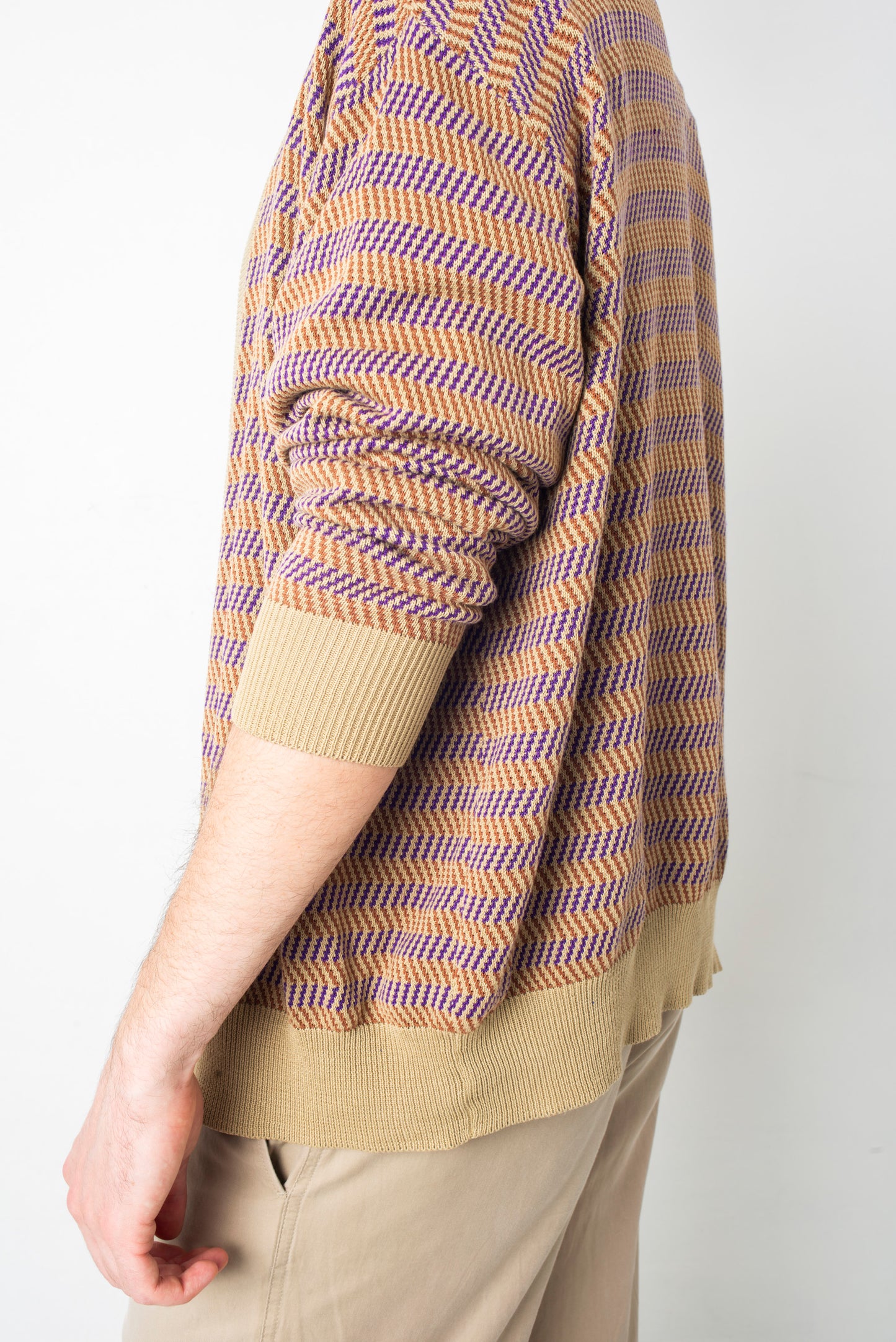Giorgio Armani 90s zig zag knit beige & purple cotton cardigan