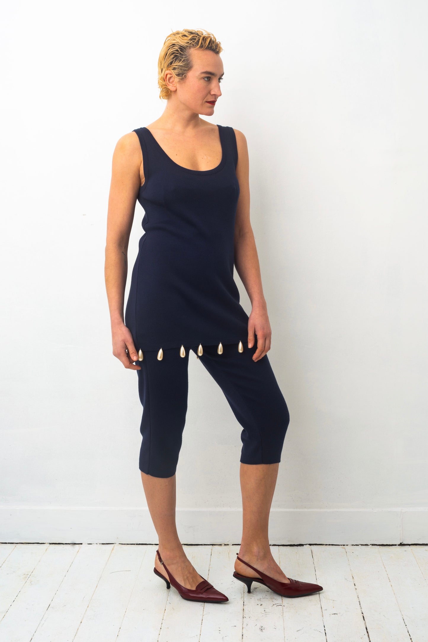 Angelo Tarlazzi 90’s dark blue cotton knit short set with pearls