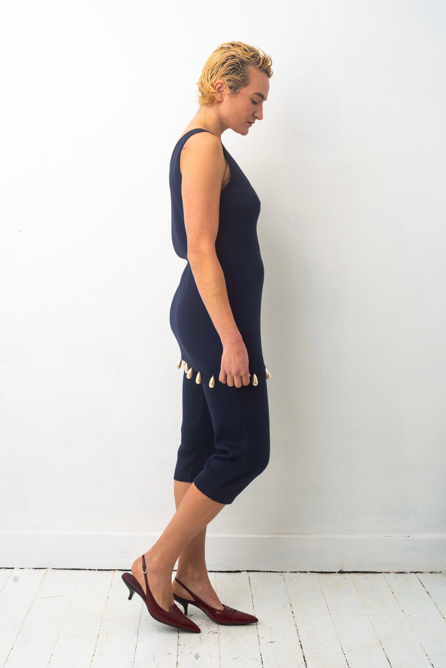 Angelo Tarlazzi 90’s dark blue cotton knit short set with pearls