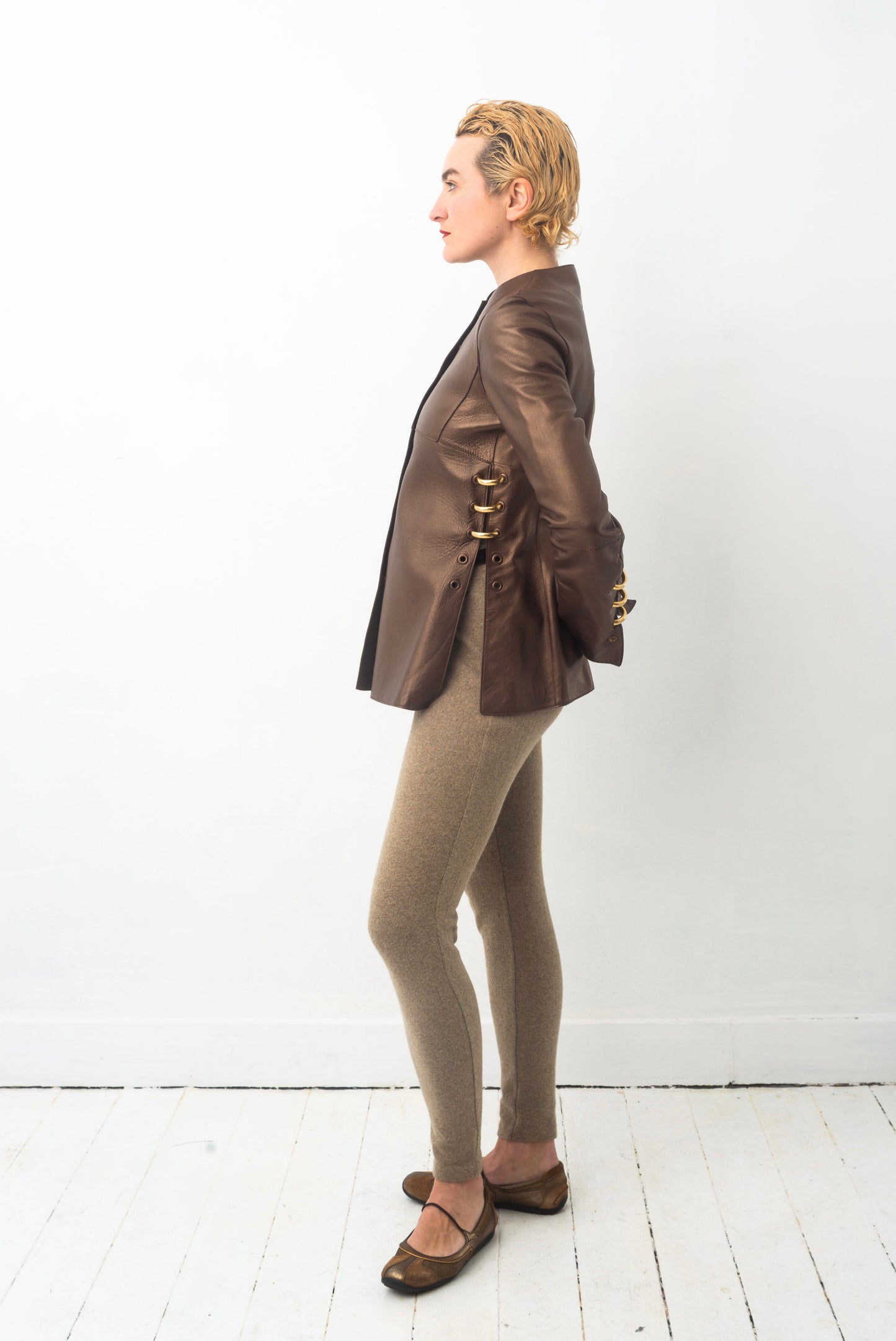 Gianfranco Ferre 80´s bronze leather jacket with golden pierced rings