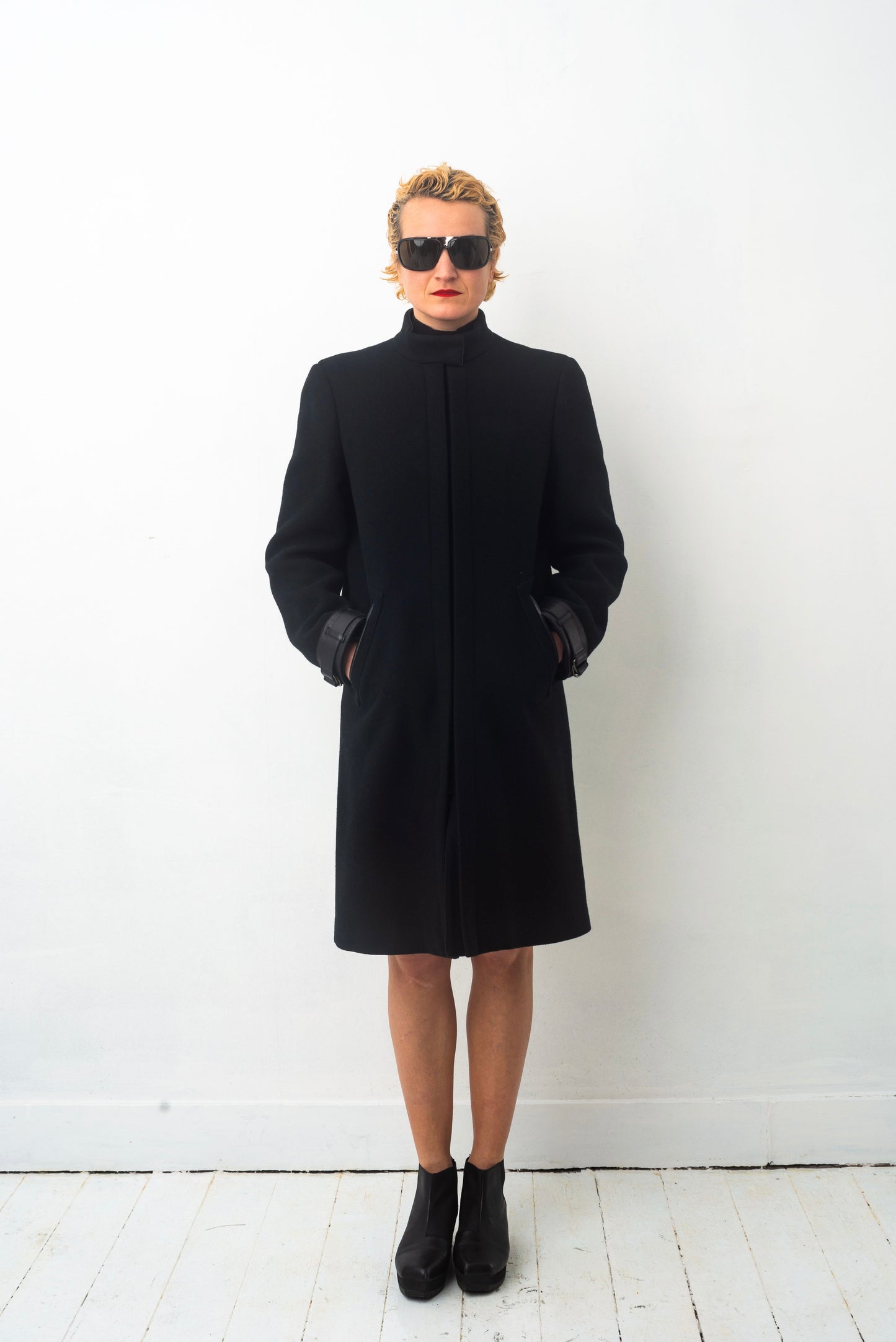 Prada FW 1999 black wool coat with leather details