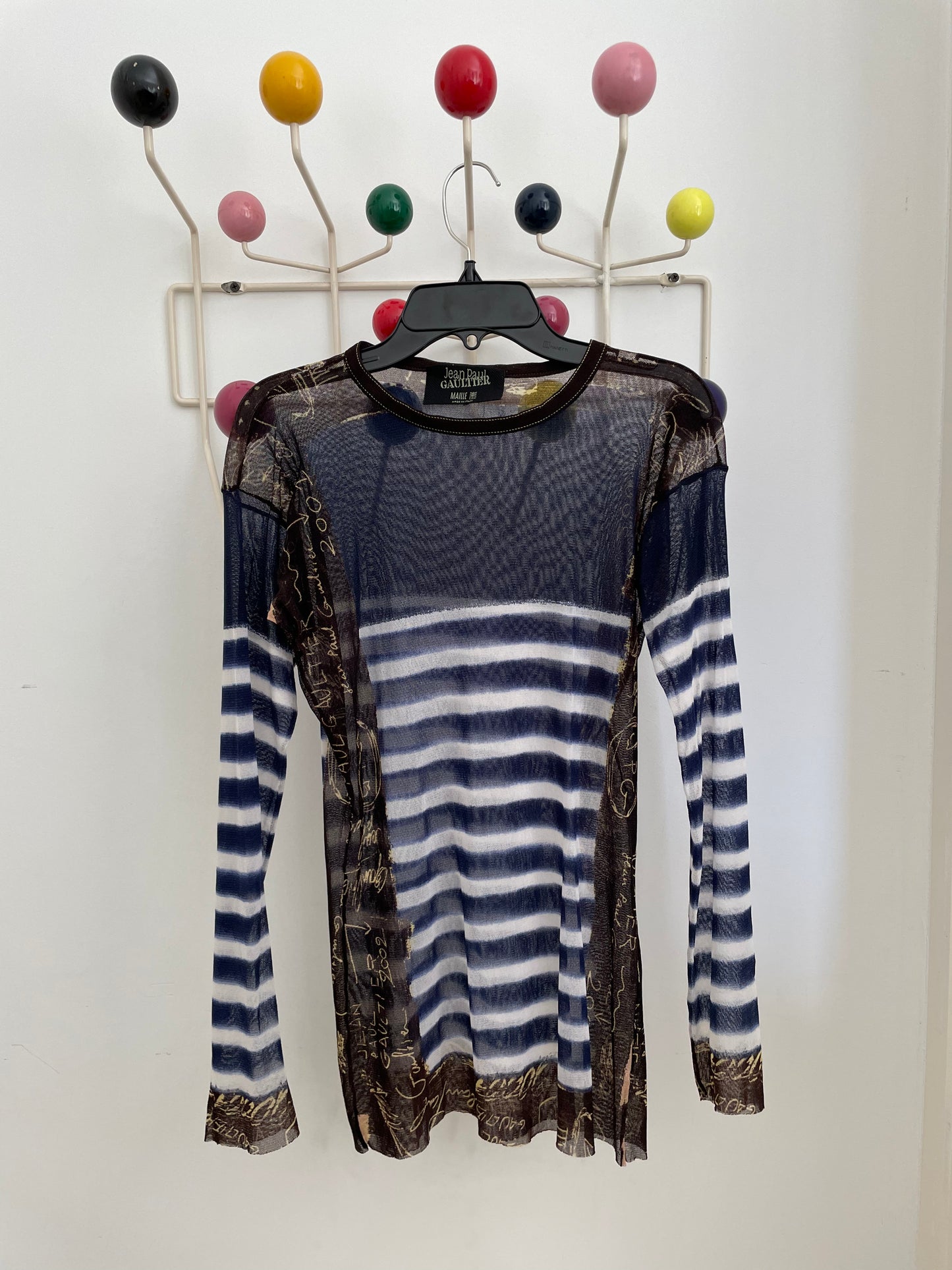 Jean Paul Gaultier 2001 striped graffiti mesh long sleeve shirt