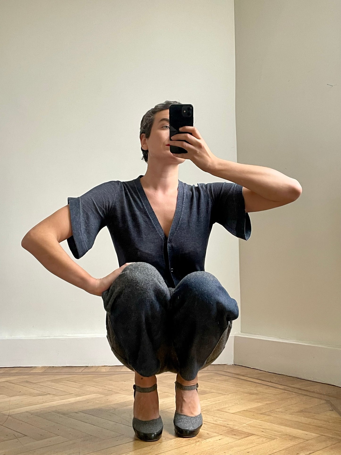 Prada 2000's blue cotton button down short sleeved knit shirt