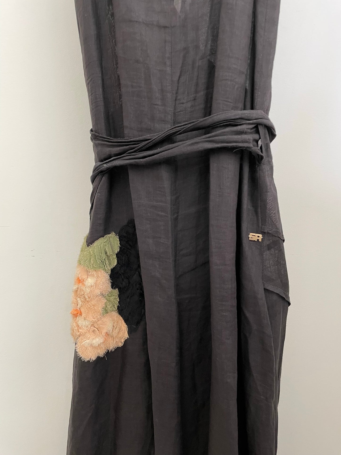 Sonia Rykiel 2000's black linen wrap dress with embroidered flower