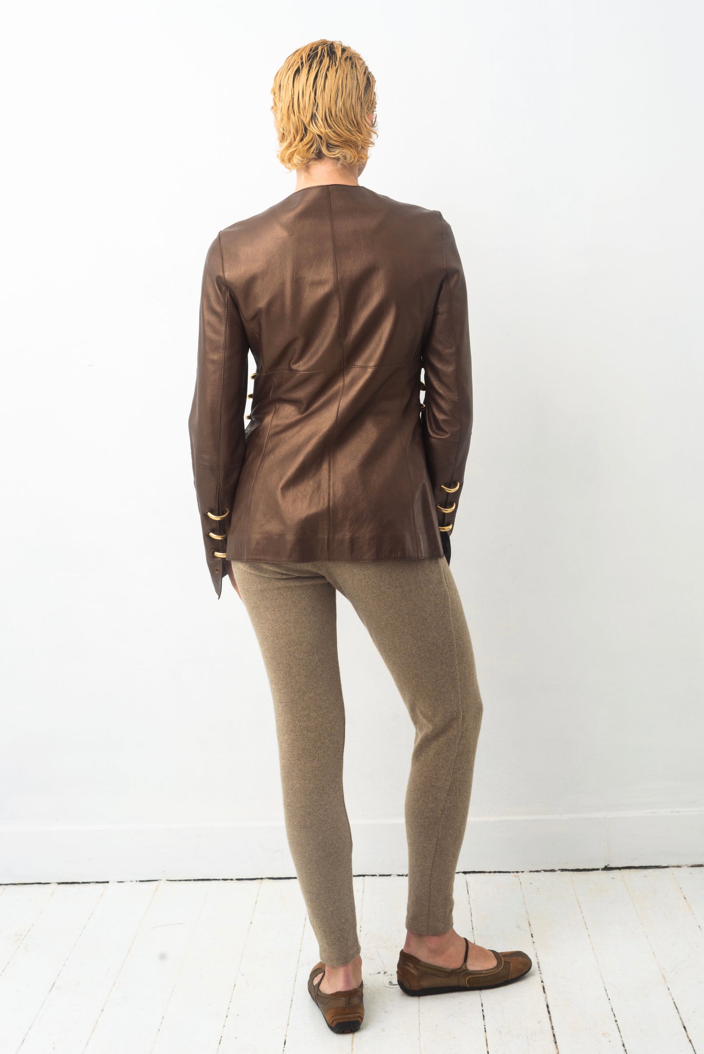 Gianfranco Ferre 80´s bronze leather jacket with golden pierced rings