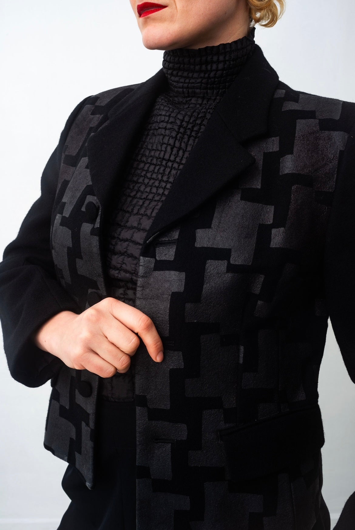 Comme des Garçons AD 1991 black wool jacket with graphic wax print
