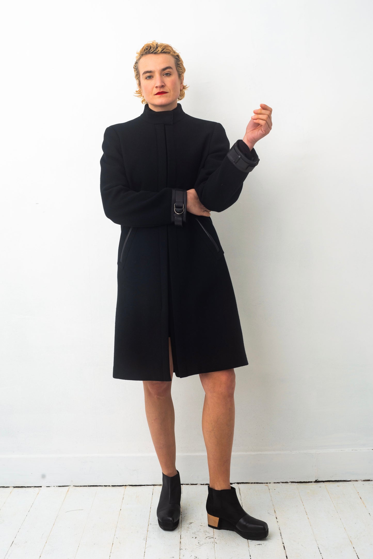 Prada FW 1999 black wool coat with leather details