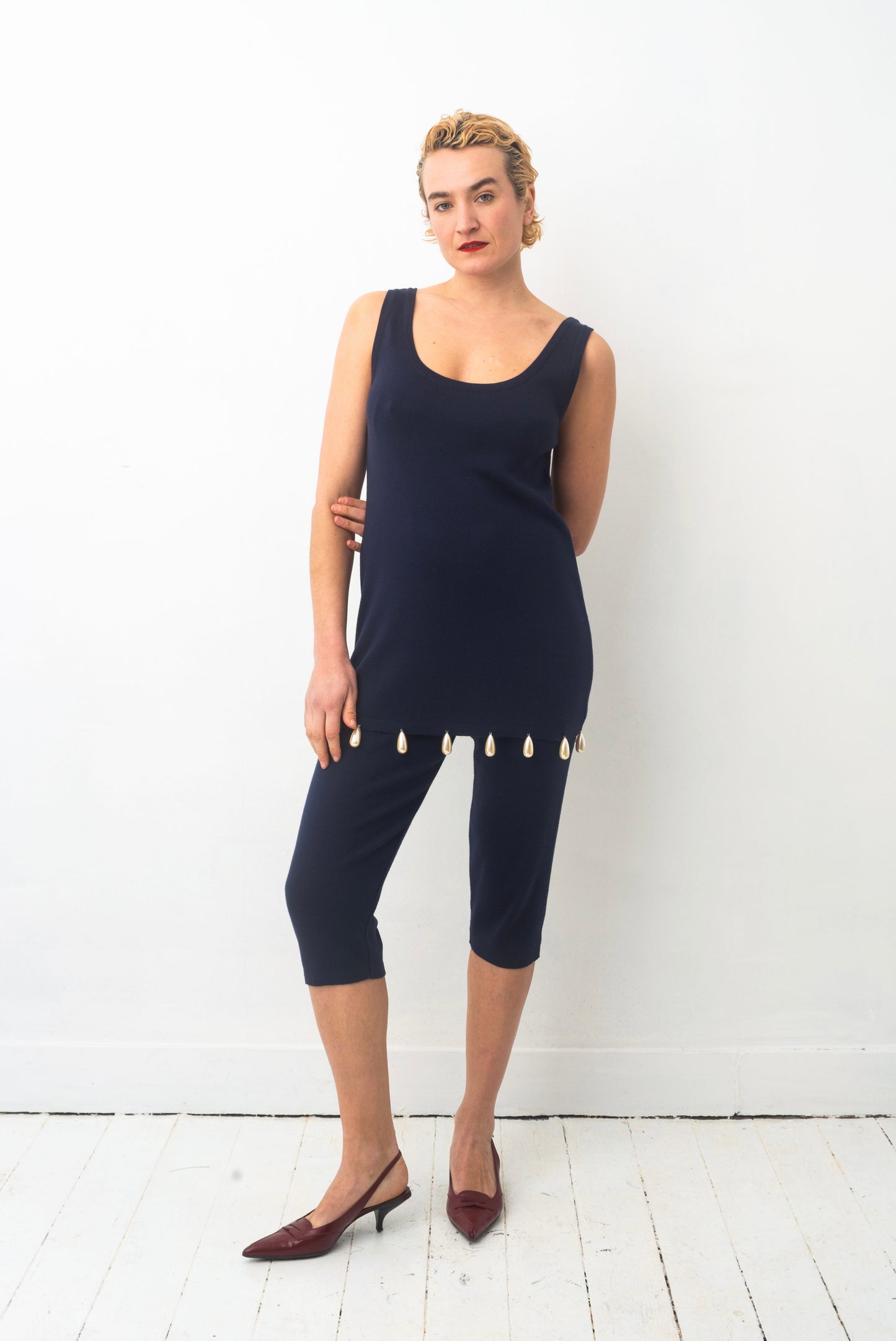 Angelo Tarlazzi 90’s dark blue cotton knit short set with pearls