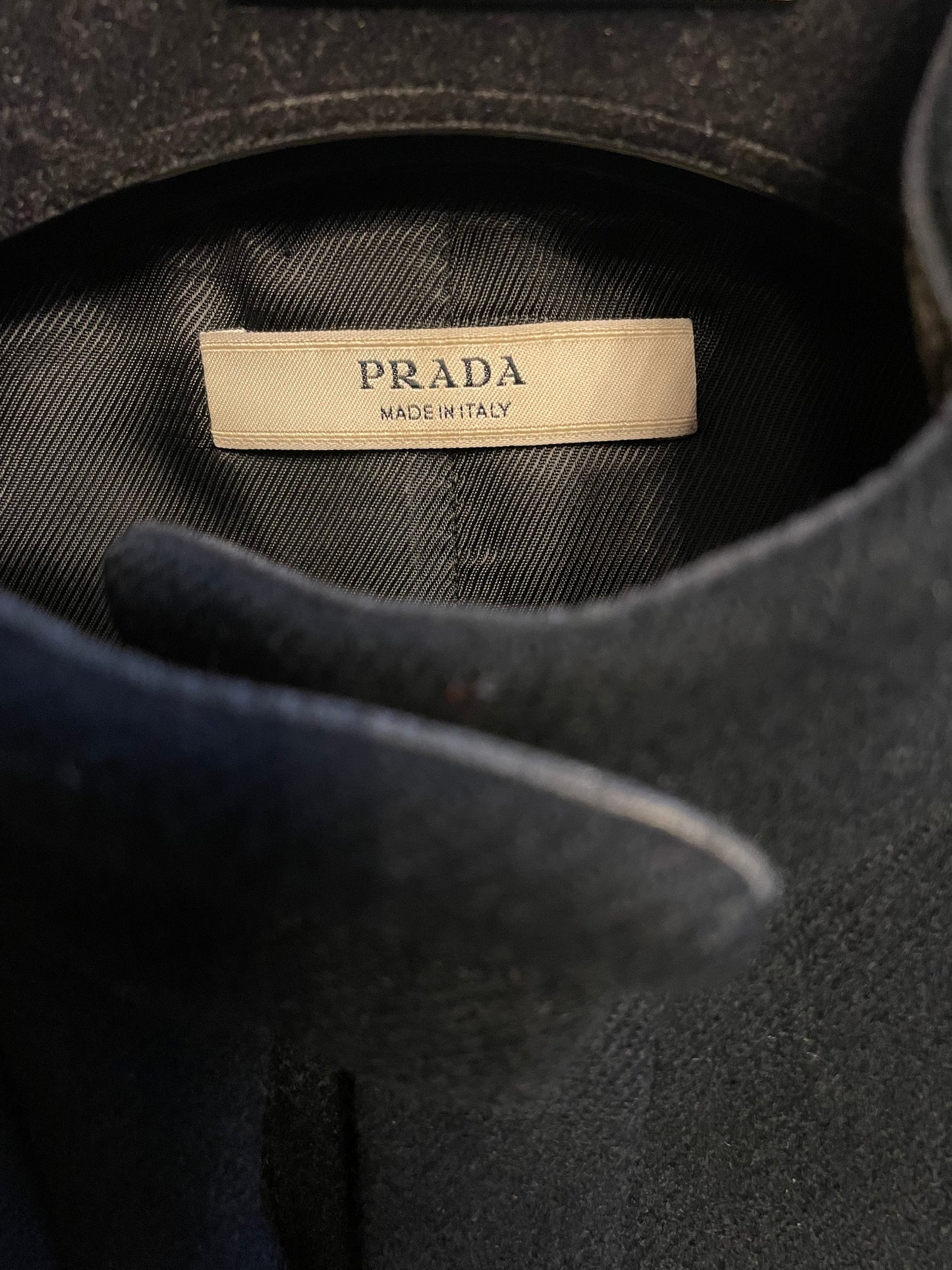 Prada FW 1999 black wool coat with leather details