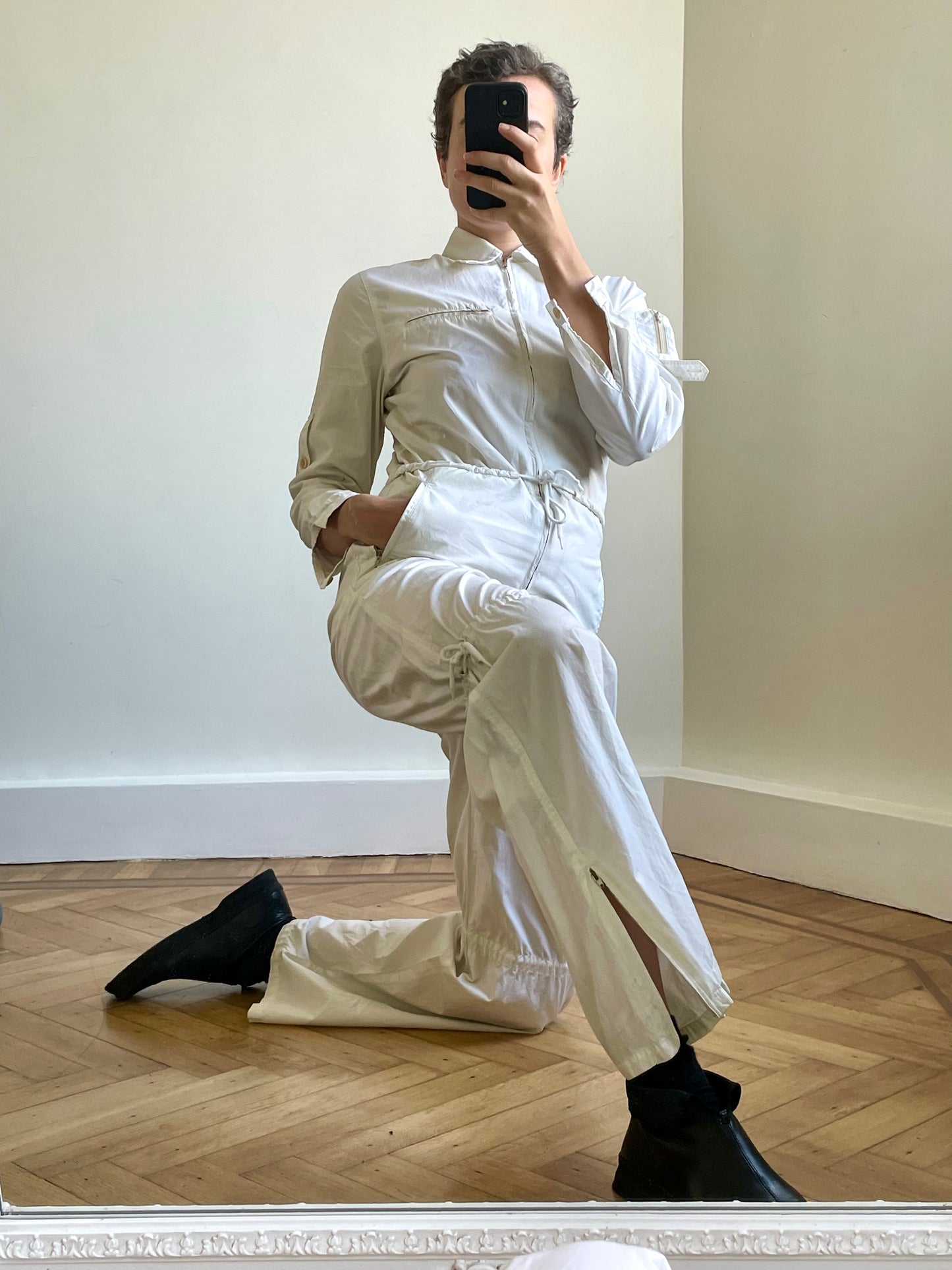 Krizia 90s white cotton workwear inspired jumpsuit