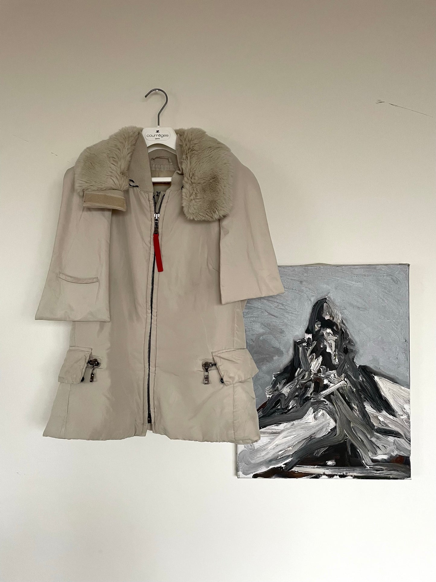 Prada 2000’s off-white nylon bodywarmer with removable fur collar and scarf