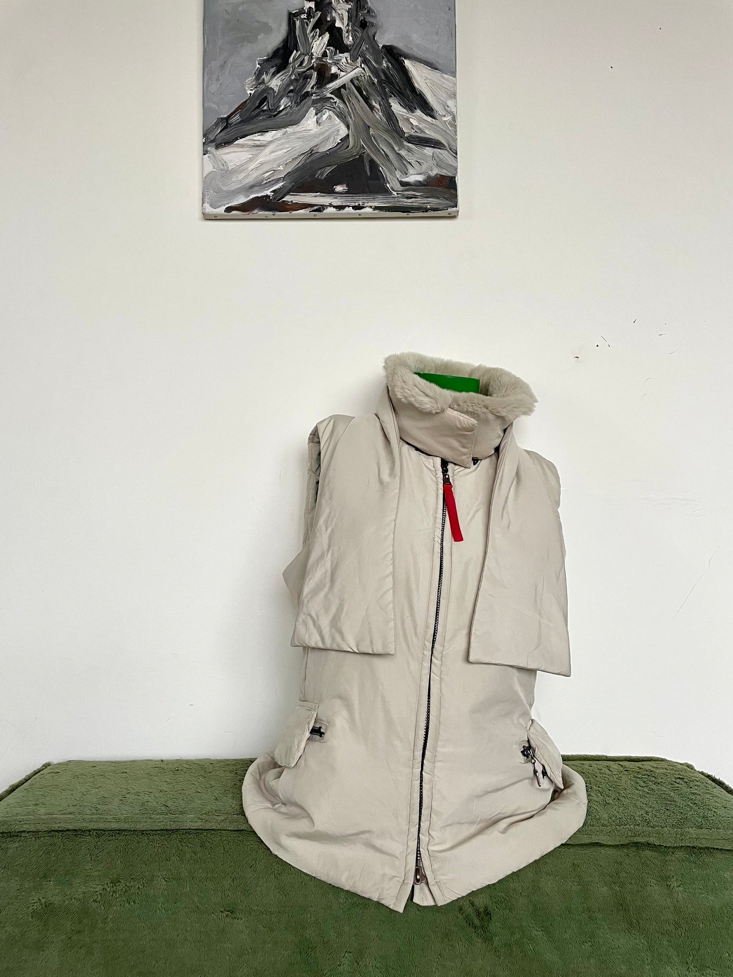Prada 2000’s off-white nylon bodywarmer with removable fur collar and scarf