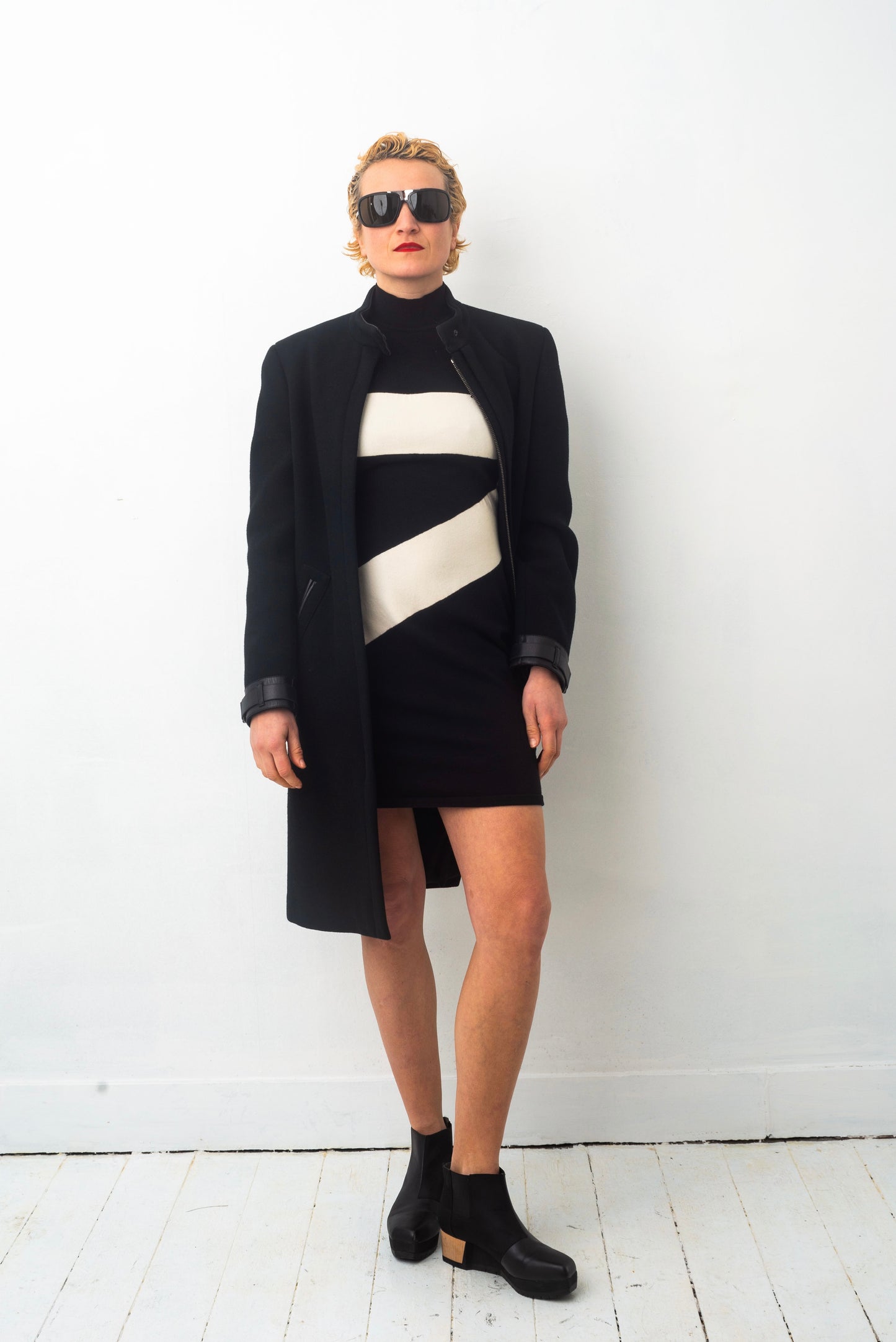 Prada FW 1999 black wool coat with leather details