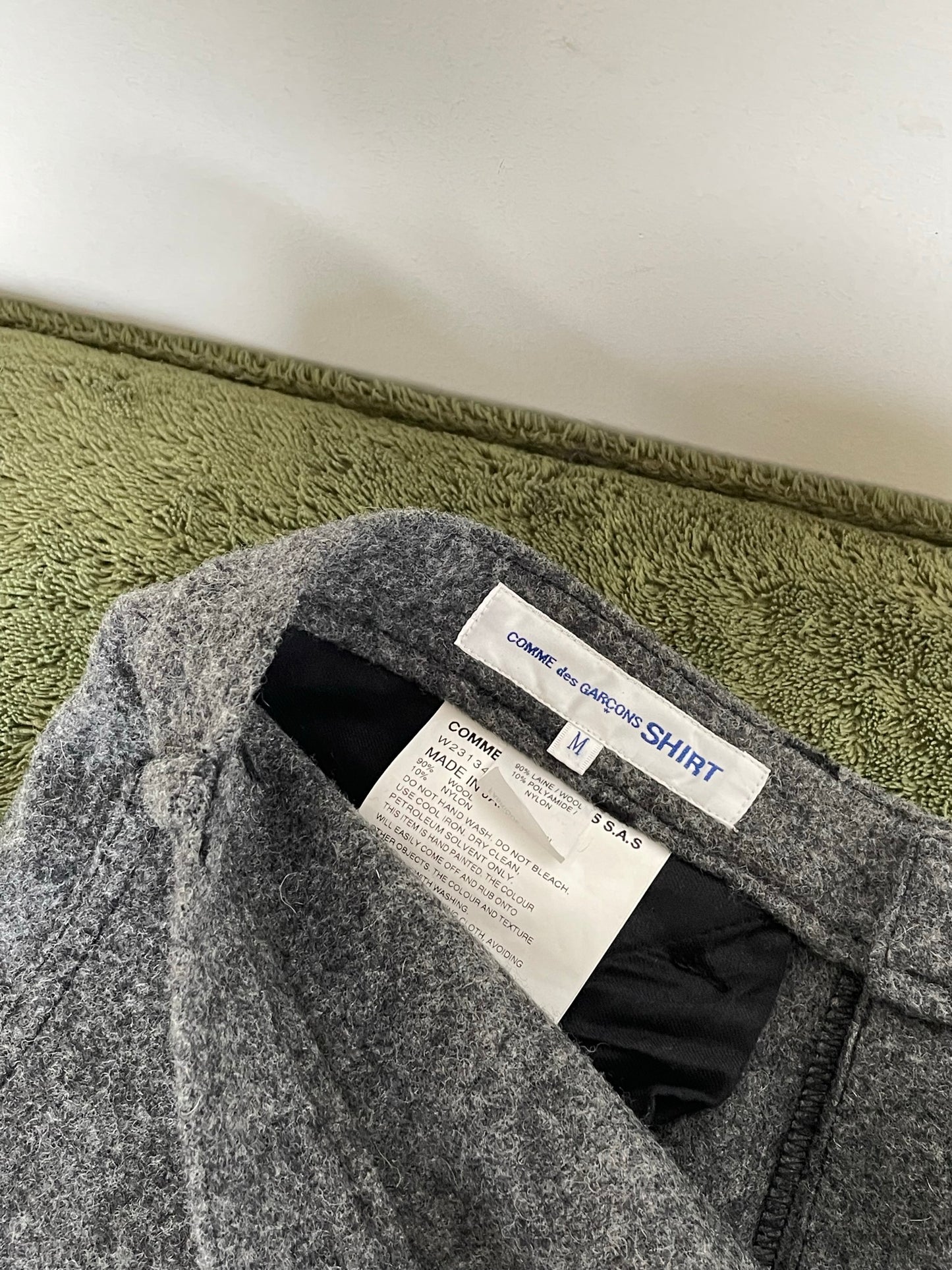 Comme des Garçons 2000's grey wool trousers with waxed blue coated ombre effect