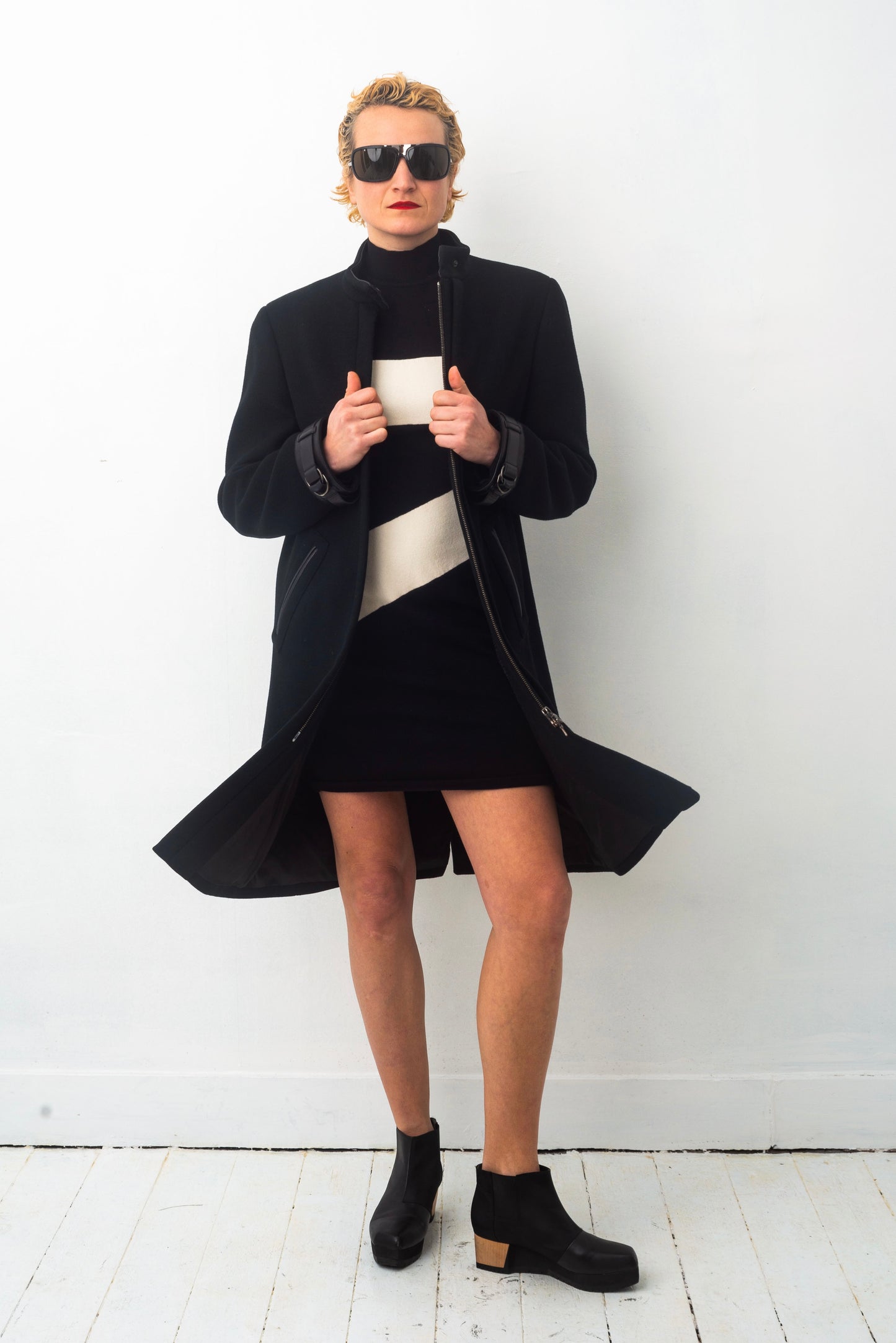 Prada FW 1999 black wool coat with leather details